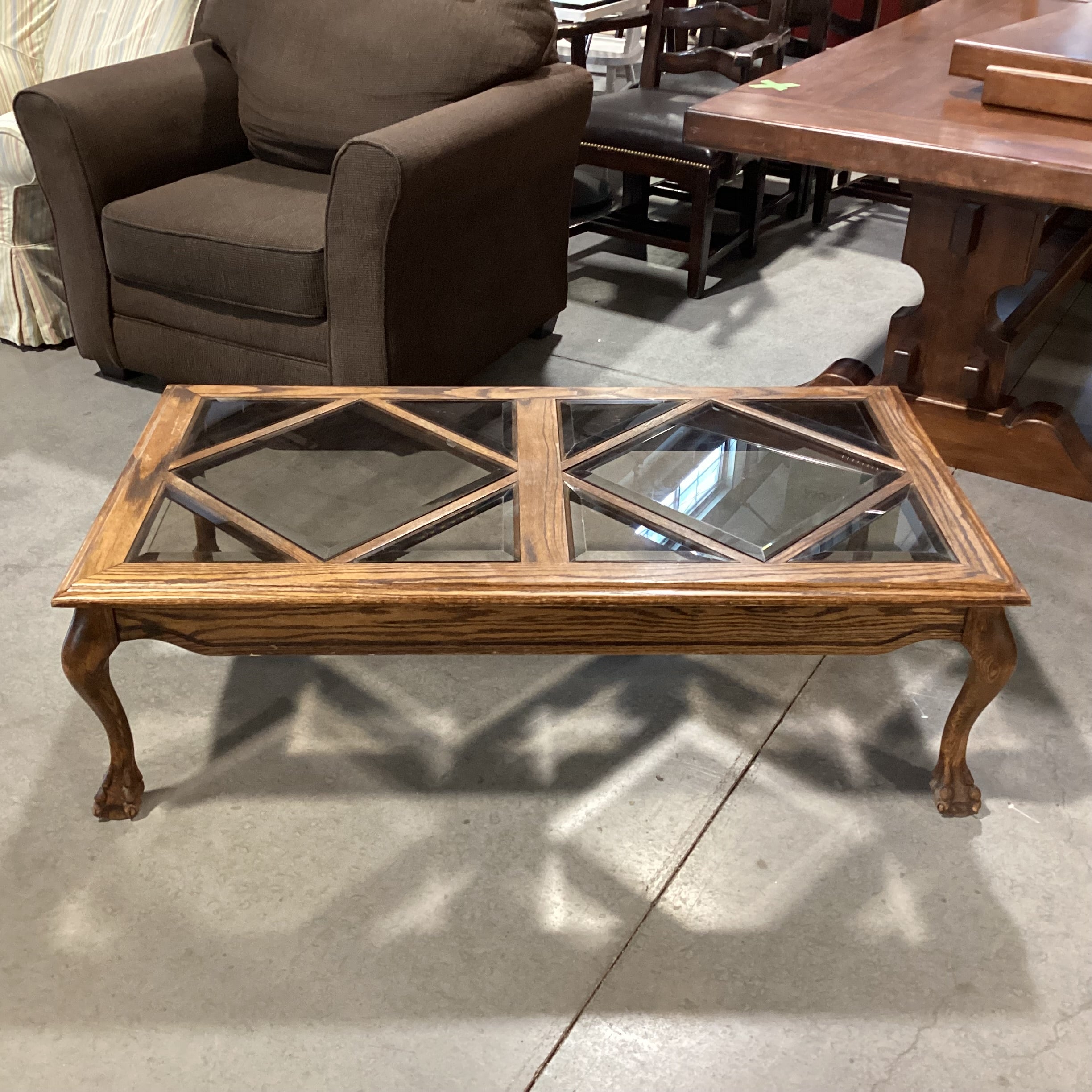 Carved Wood Claw Foot & Inset Glass Coffee Table 52.5"x 28"x 16"