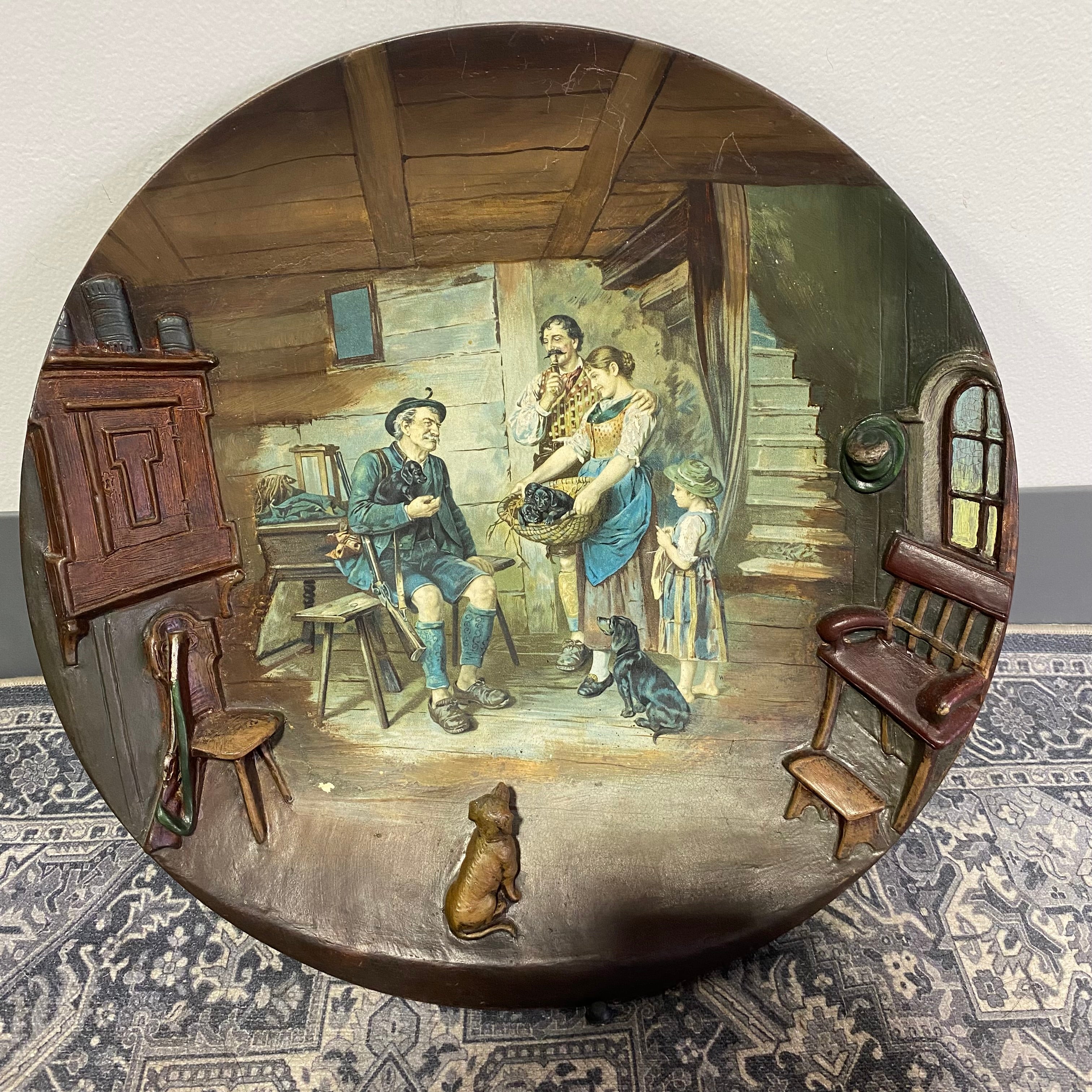 Antique Johann Maresch Terracotta Handpainted 3D Early 1900's Austria Wall Plaque 15.5" Diameter