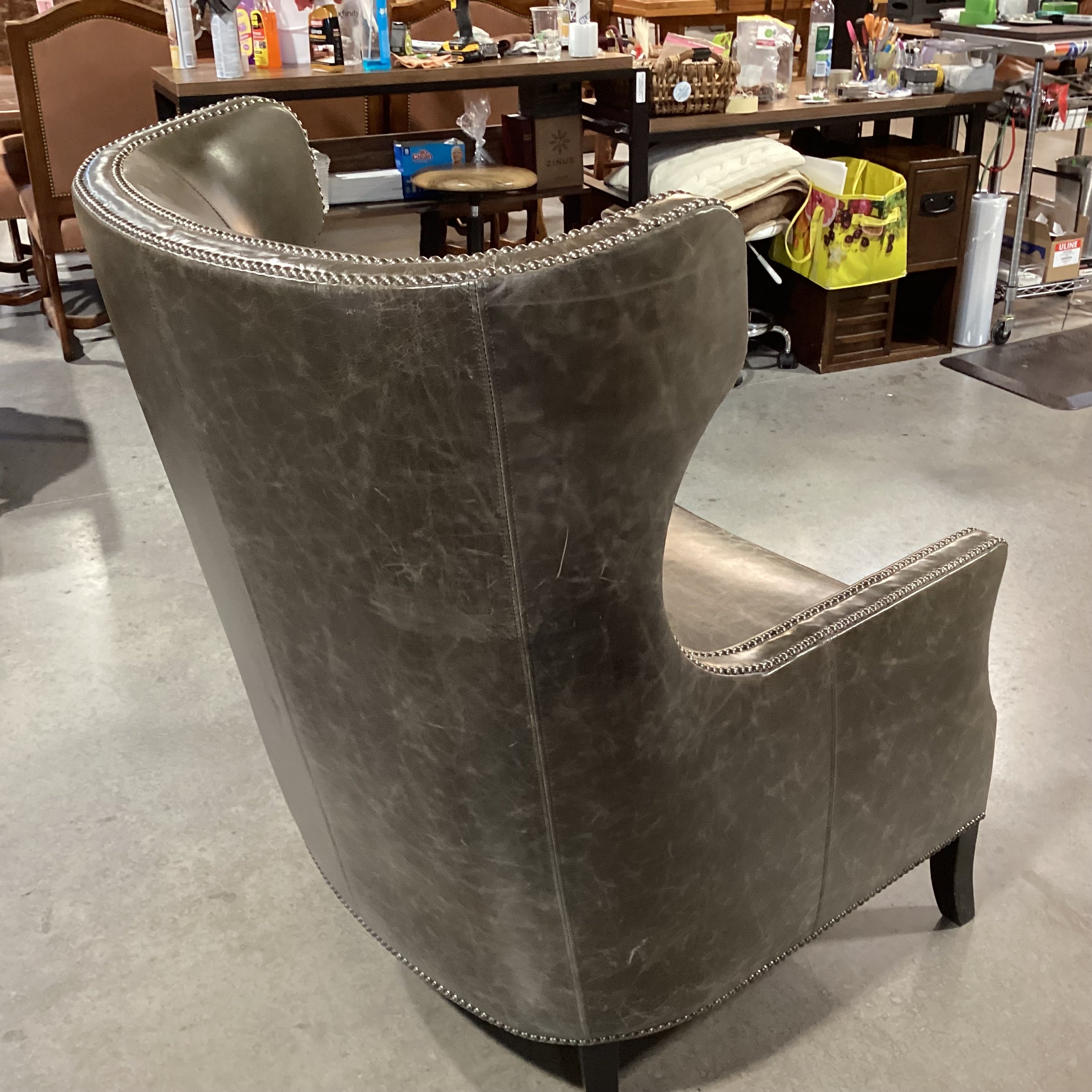 Bernhardt Interiors Olive Grey Distressed Leather Nailhead High Back Wing Chair 31"x 36"x 45"