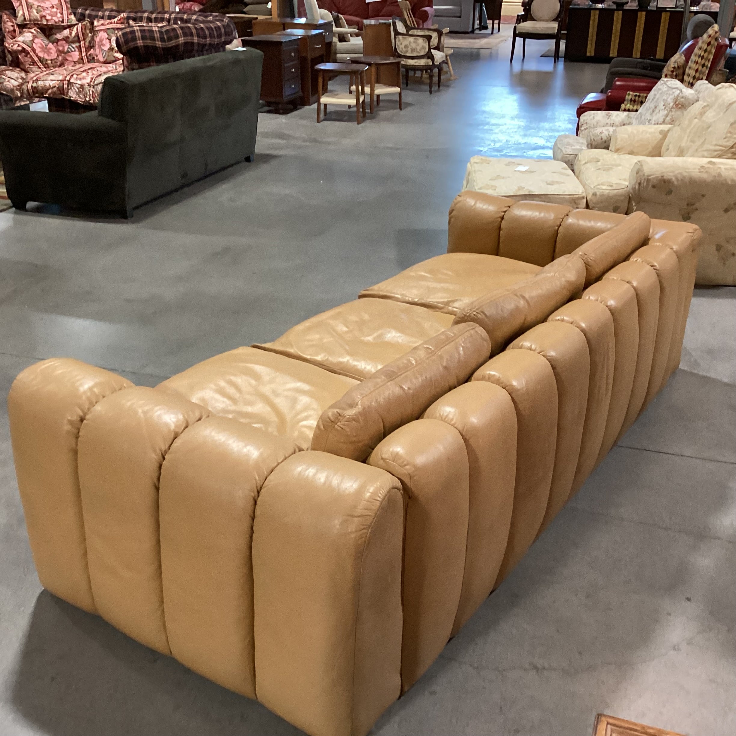 Interior Crafts Chicago Vintage Tan Leather Channel Ribbed Tufted Sofa 98"x 42"x 26"