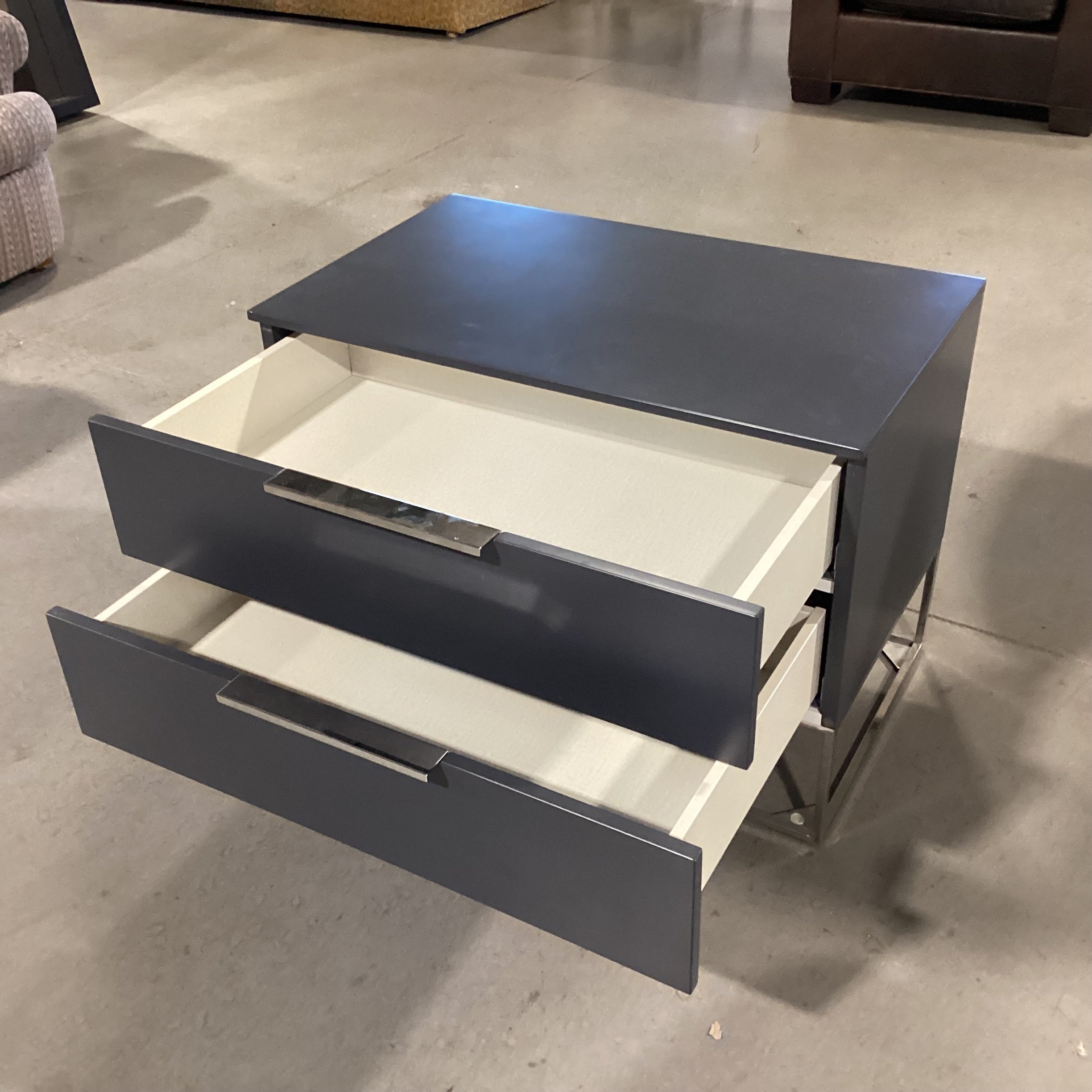 Grey Lacquered & Chrome with Soft Close Linen Lined Drawers End Table