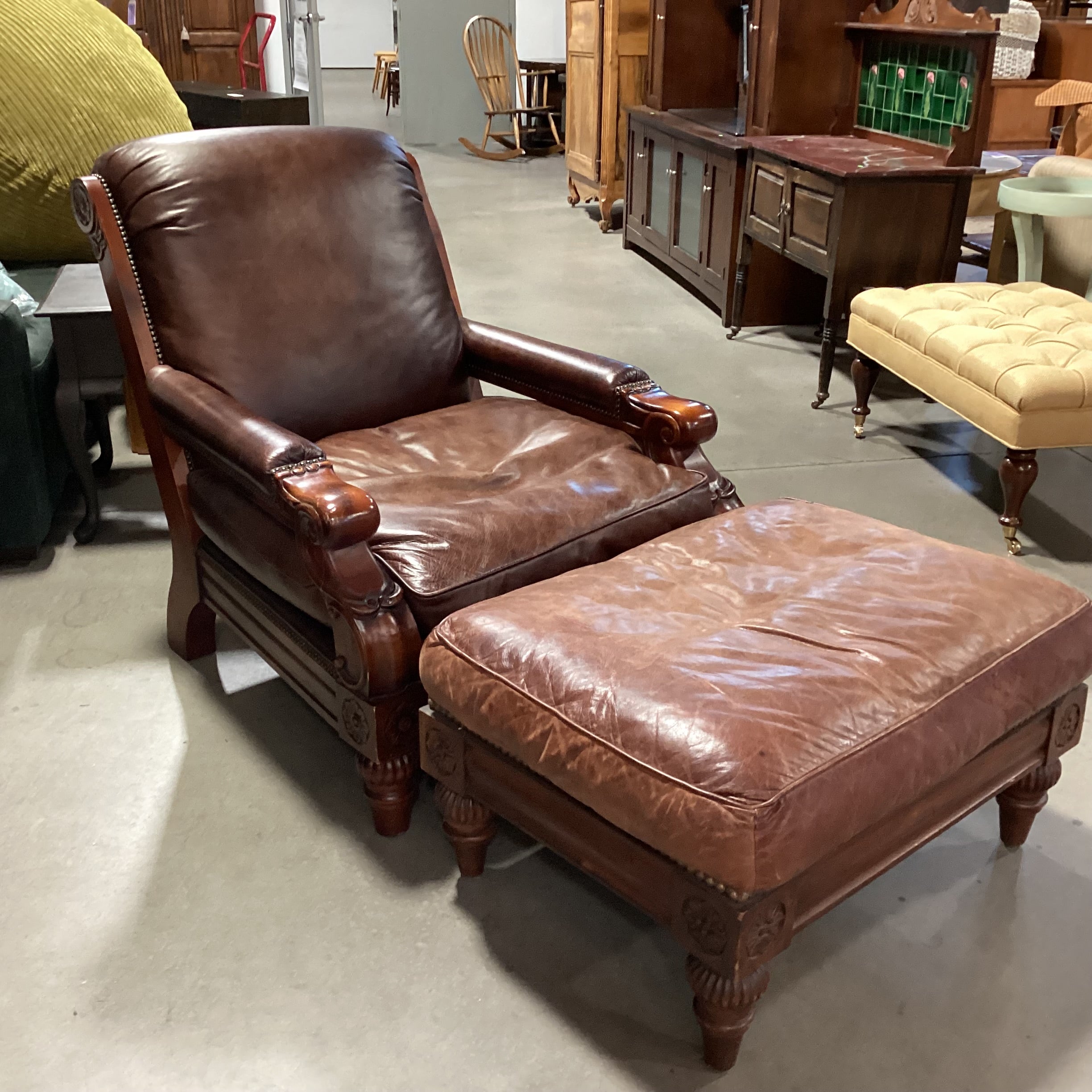 Carved Wood Leather Nailhead Down Mix with Ottoman Chair 36"x 44"x 40"