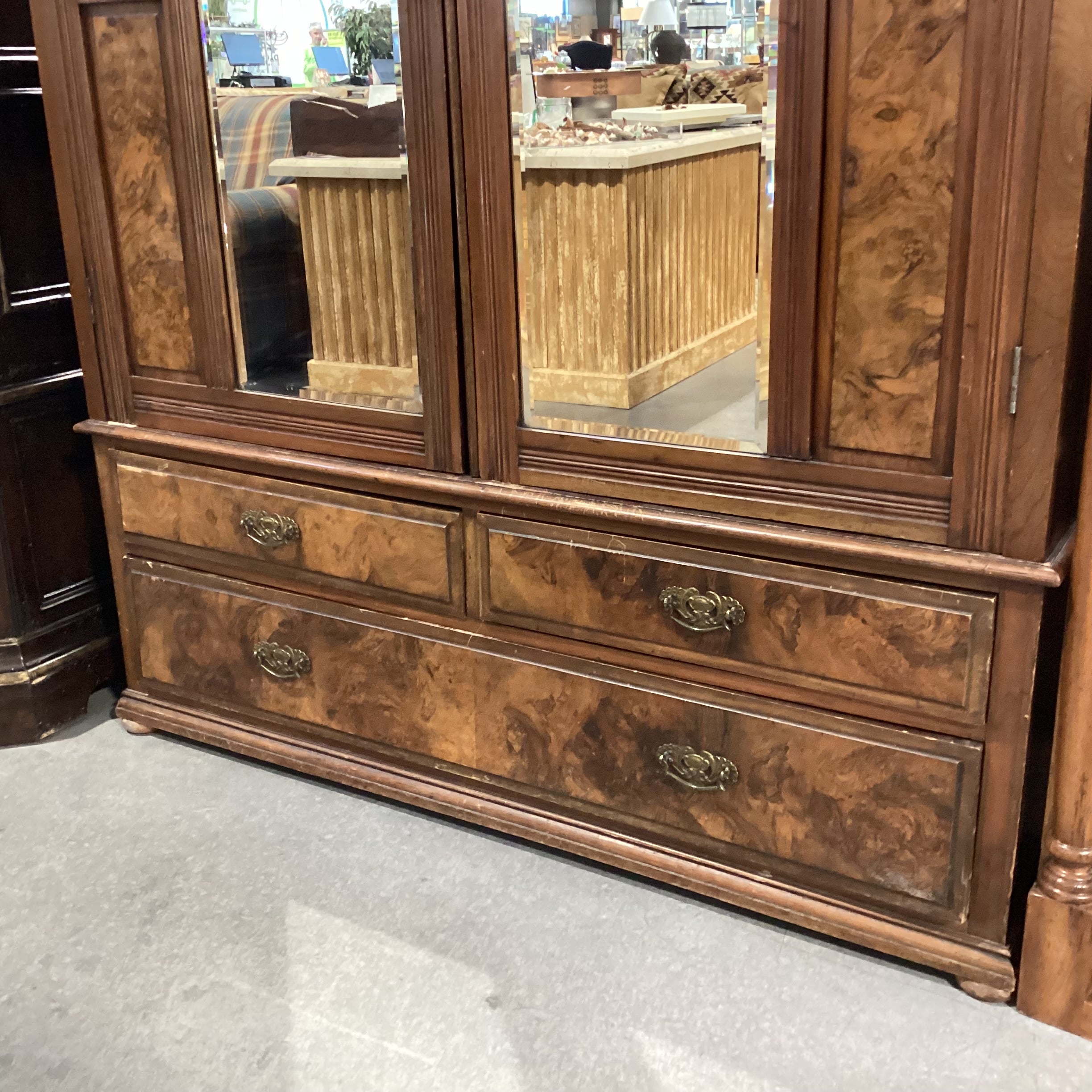 Antique Finished Carved Wood & Burl Veneer Mirrored 2 Door with Shelves Armoire 57.5"x 20"x 78.5"