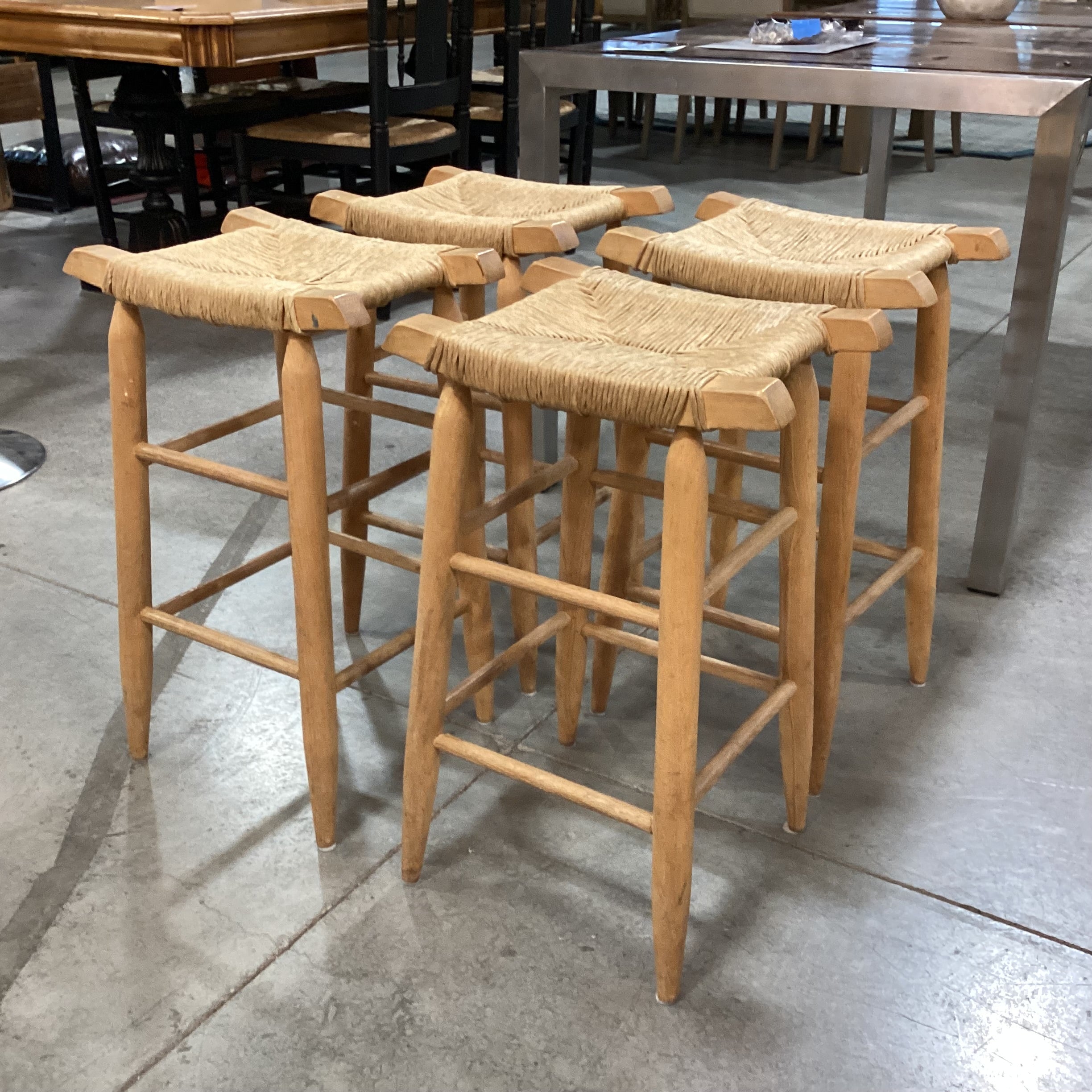 SET of 4 Vintage Natural Wood & Rush Seat Barstools 25"
