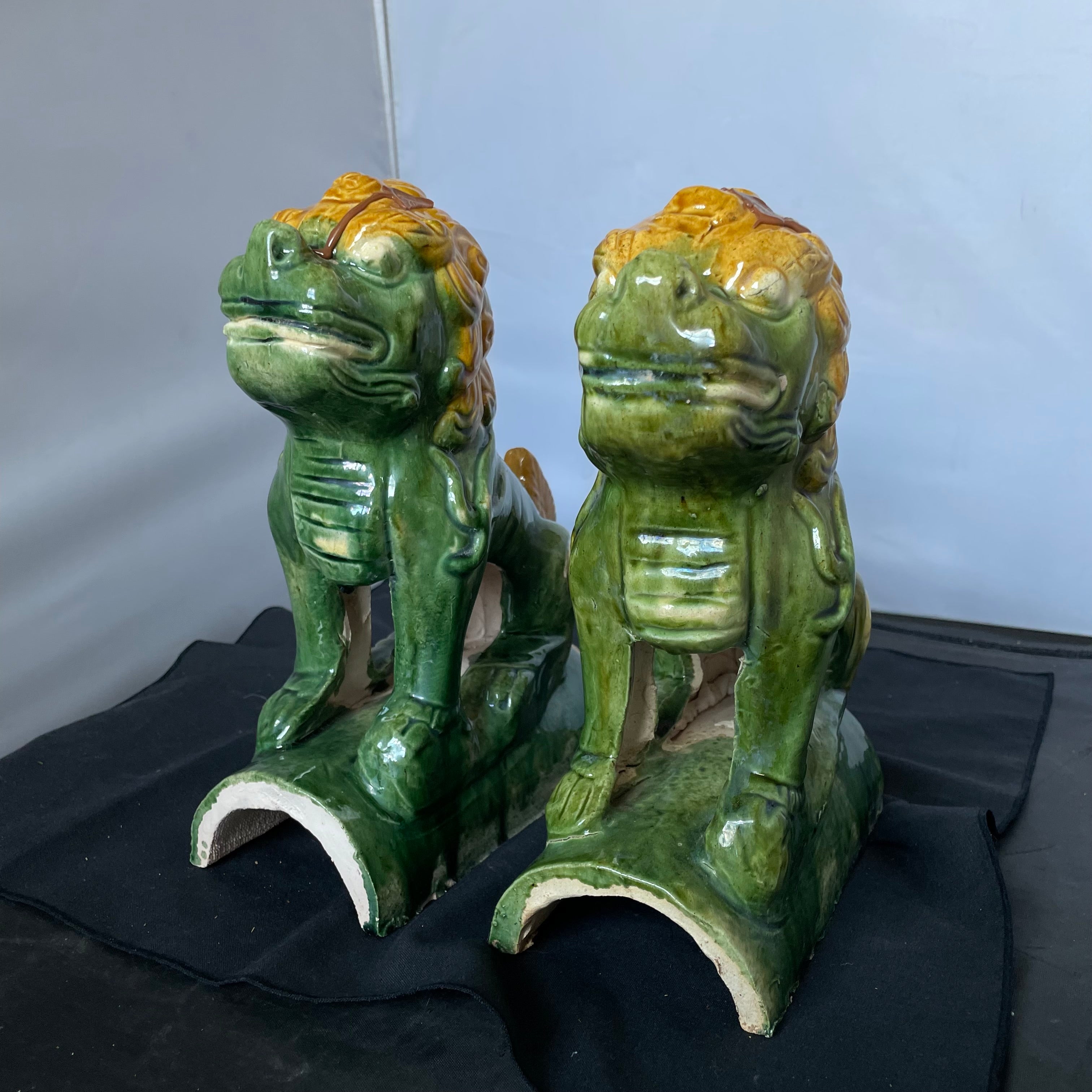 Vintage Chinese Sancai Glazed Foo Dog Chimera Roof Tiles, Pair, 8" x 4" x 10" Each