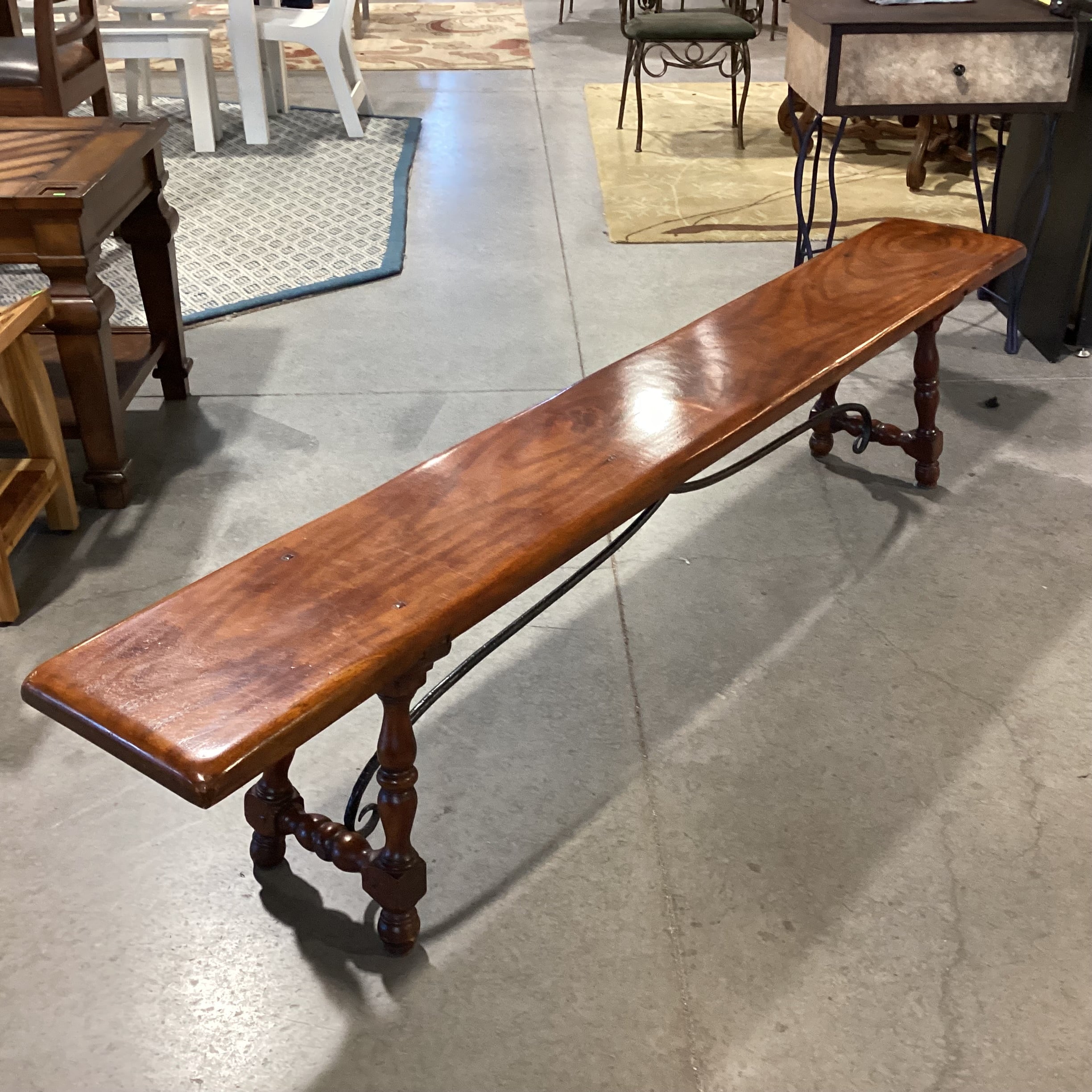 Finished Craved Wood with Iron Trestle Bench 84"x 12'x 18"