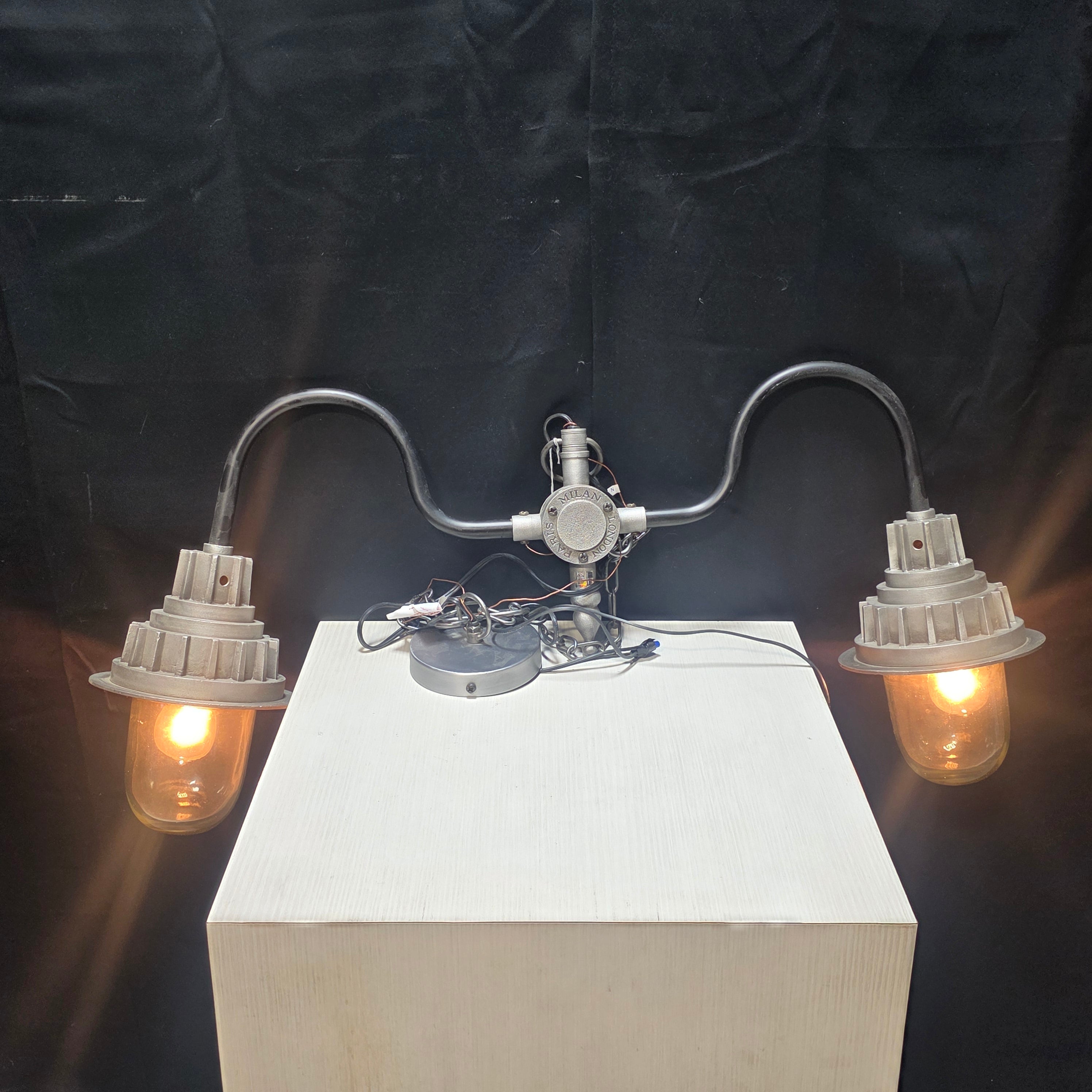 Industrial Steampunk "Milan, London, Paris" Two Light Chandelier Housing Glass Globes 26"x9"x13"