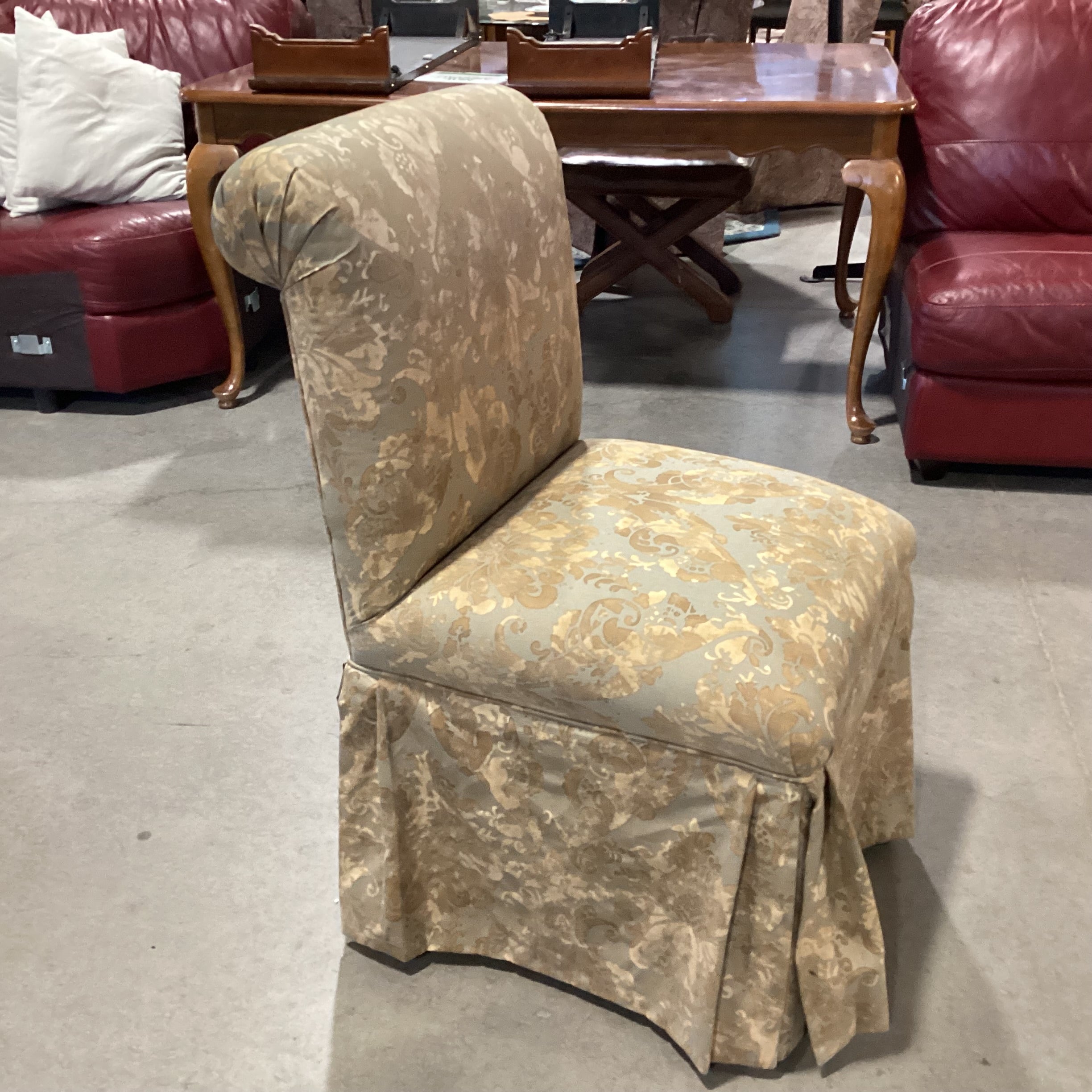 Gold & Taupe Batik Style Scroll Floral Custom Slipper Chair 21"x 24"x 37"