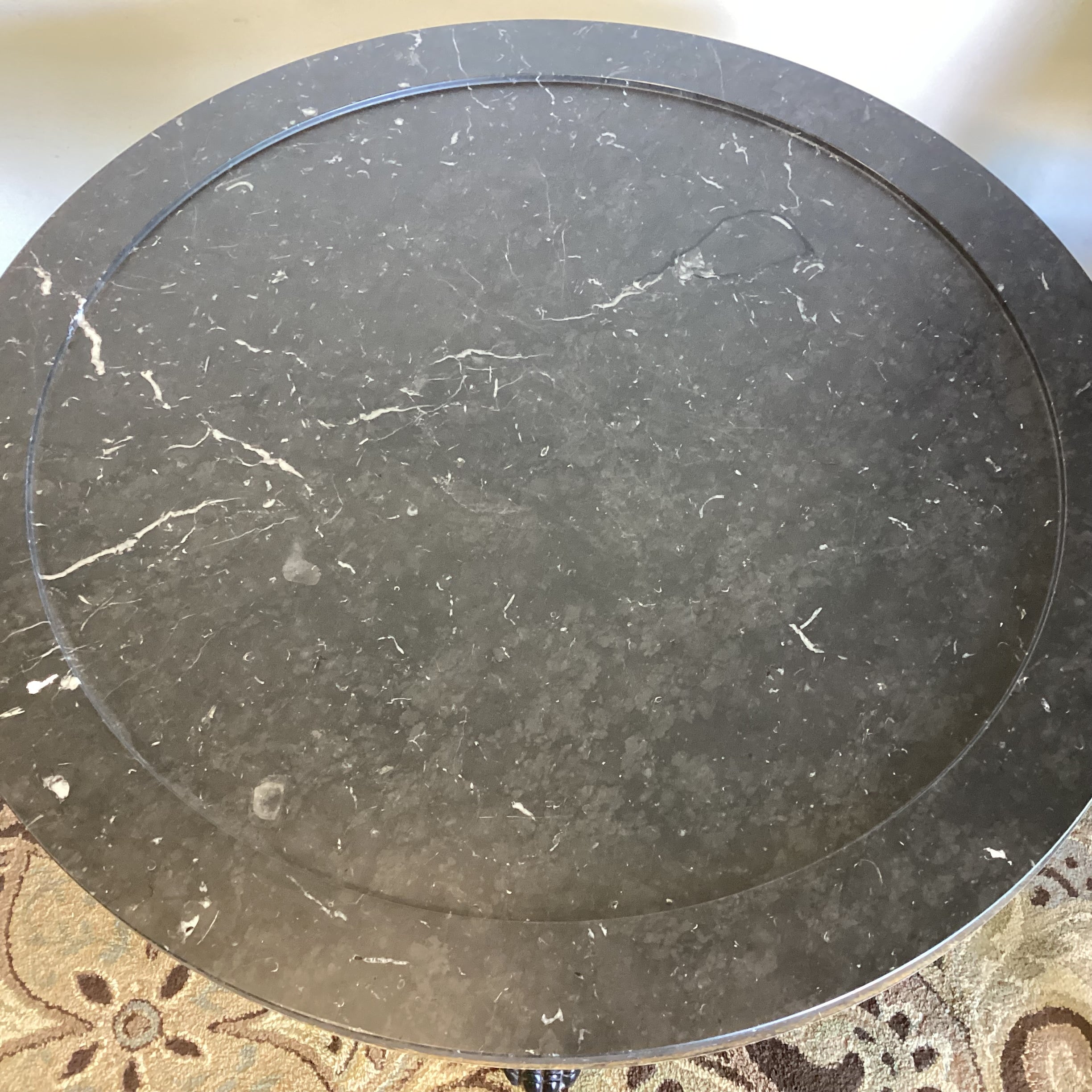 Ralph Lauren Round Black Marble Mahogany Pedestal with Carved Paw Feet Foyer Accent Table 38.5" Diameter x 28"