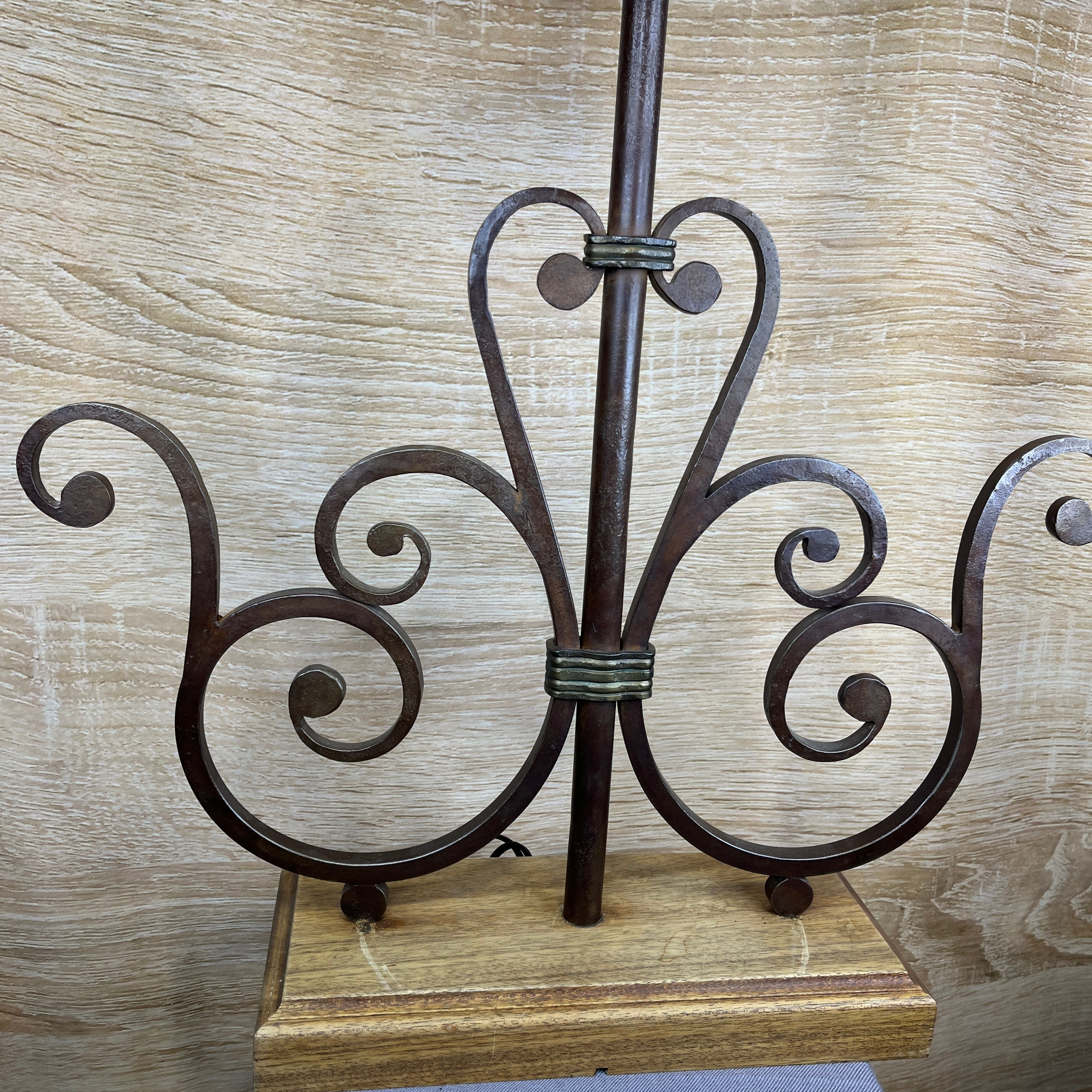 Custom Forged Bronze Brushed Iron Heart Scroll and Wood Base with Embroidered Floral Shade Table Lamp 22.5"x 6"x 31"