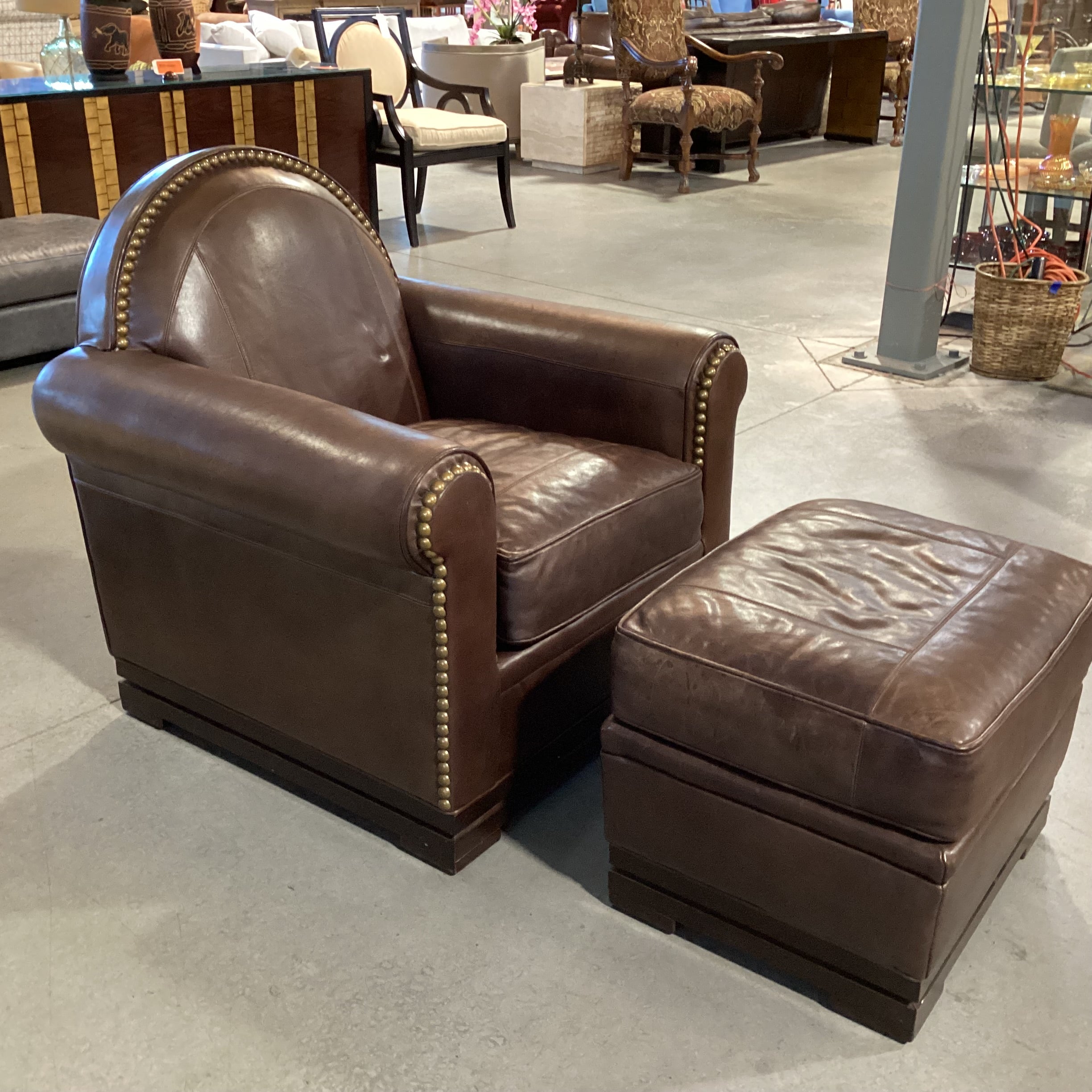 Mulholland Brothers Home Collection by Eric Brand Art Deco Style Leather Nailhead with Ottoman Club Chair 36"x 35"x 37.5"