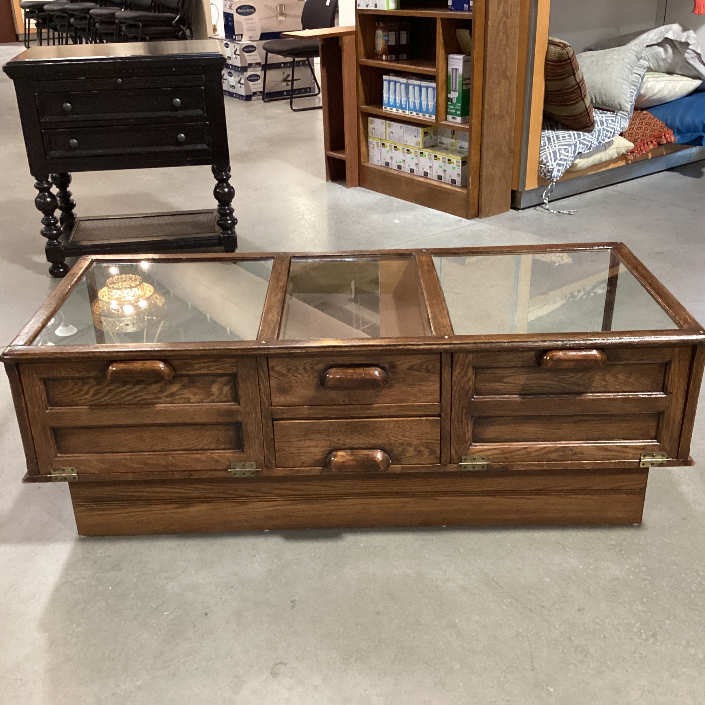 Vintage Distressed Finish Wood & Glass 2 Drawer 2 Fold Down Doors Display Coffee Table 52.5"x 22.5"x 19"