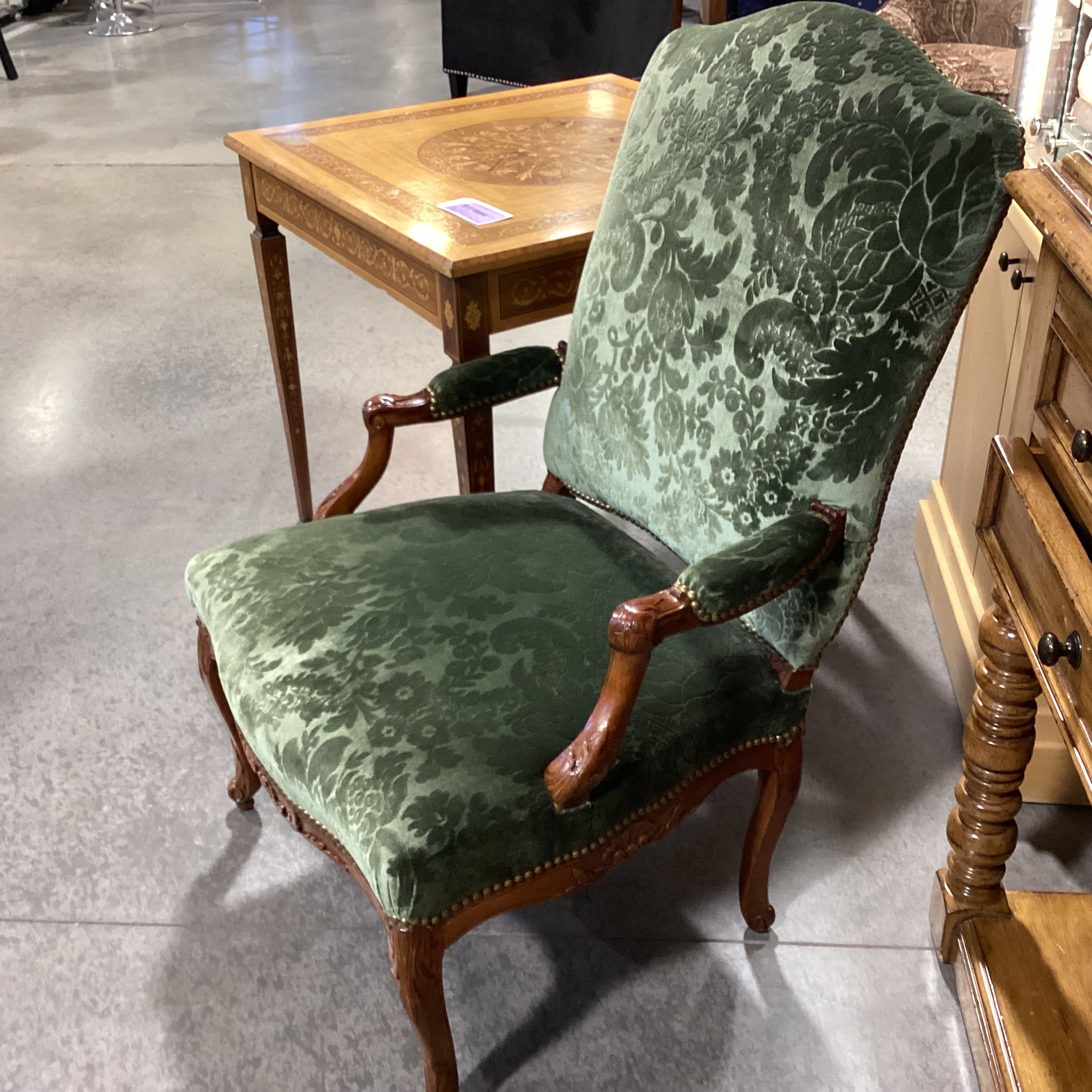 Vintage Carved Wood with Green Raised Floral Velvet & Nailhead Chair 28"x 28"x 42"