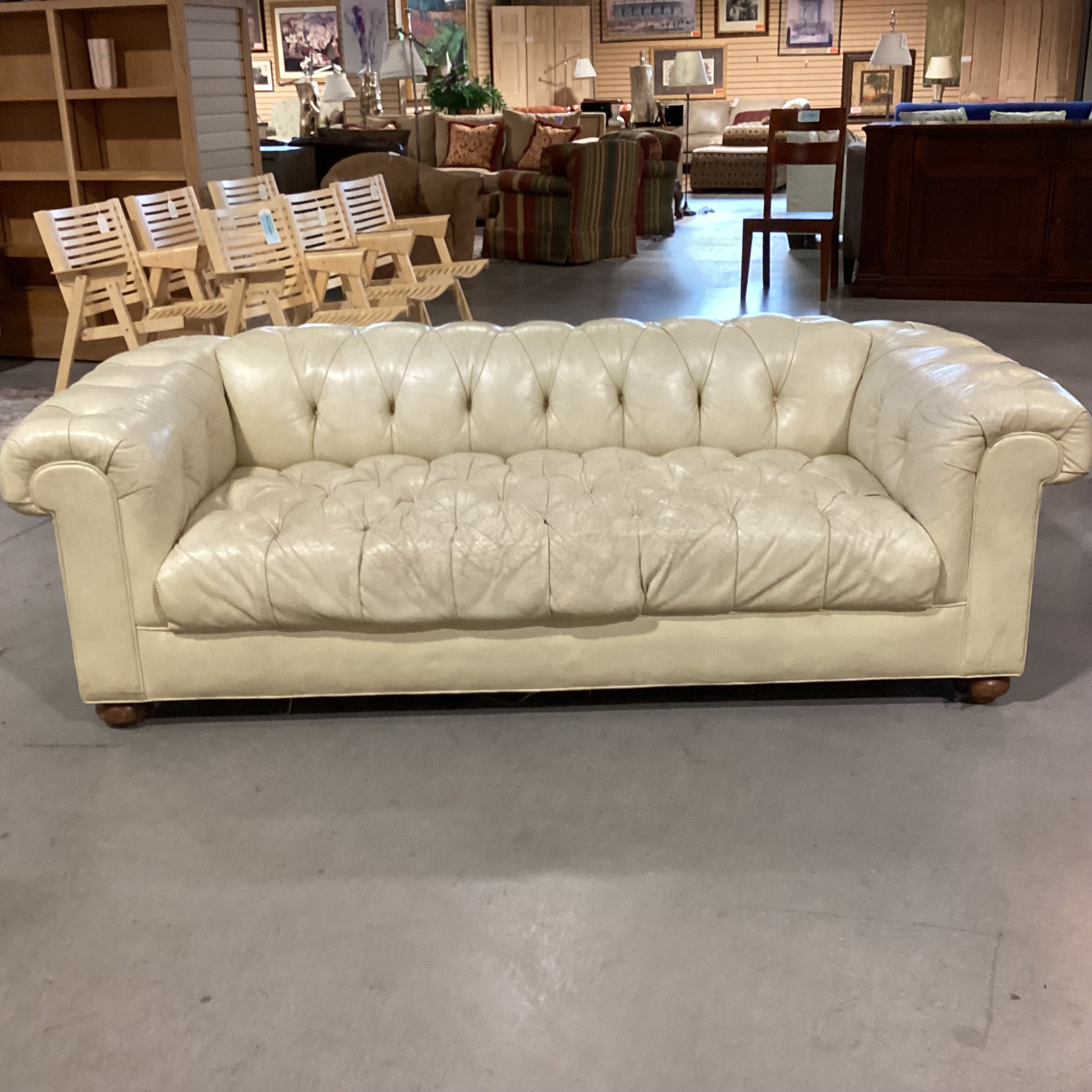 Cream Leather Tufted Chesterfield Sofa 80"x 36"x 25"