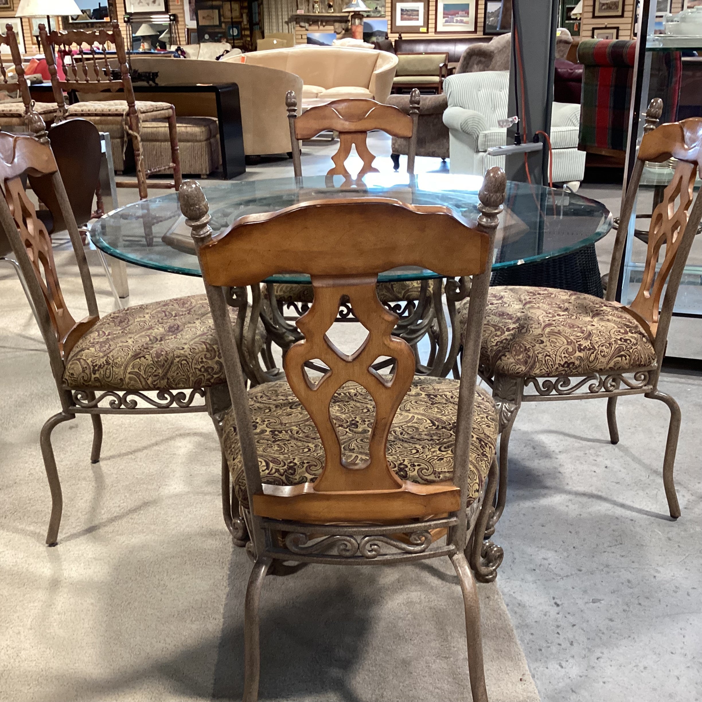Ashley Ornate Iron Wood & Round Glass Table with 4 Chairs Dining Set 48" Diameter x 30"