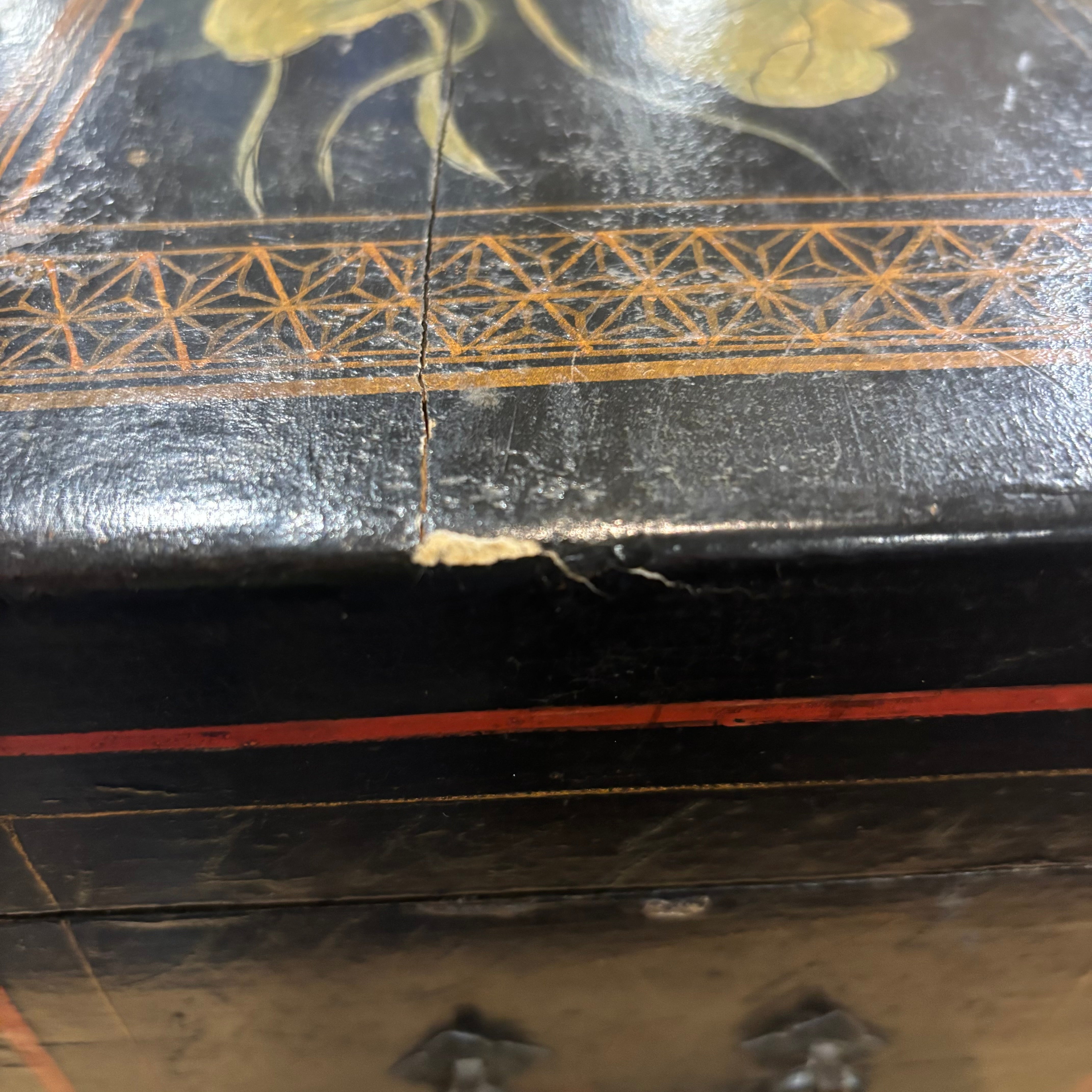 Antique Chinese Black Lacquer Handpainted Lotus Flowers Keepsake Chest