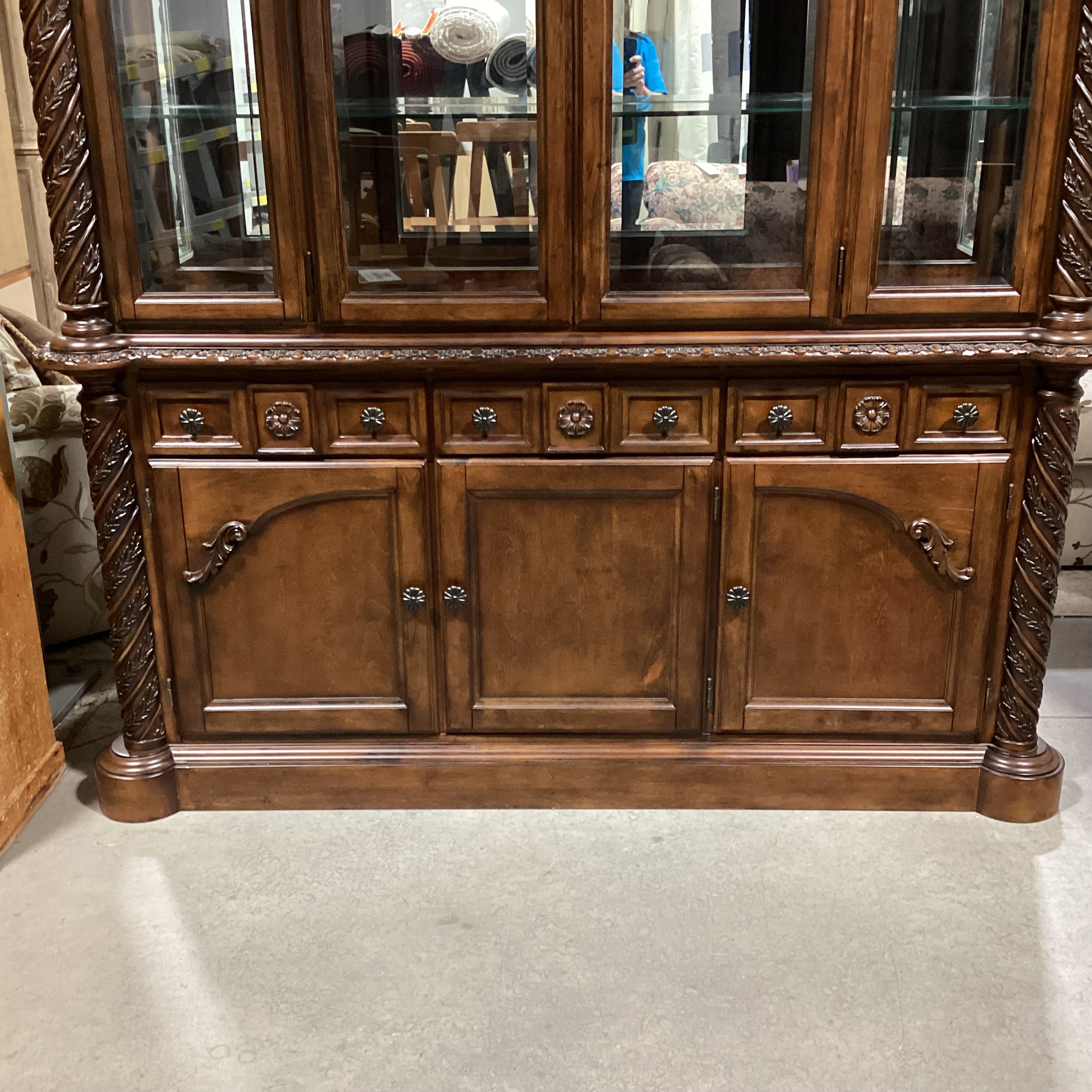 Ashley Furniture North Shore Ornate Carved Wood & Glass 2 Piece China Hutch 71"x 19"x 91"