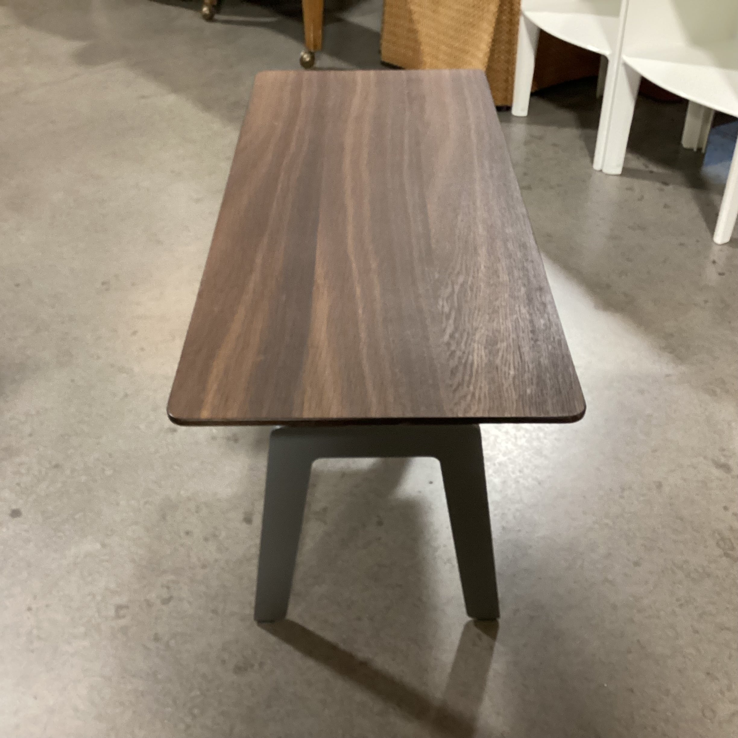 Poliform Italian Modern Walnut Veneer & Grey Steel Trestle Base Coffee Table 34.5"x 14.5"x 18"