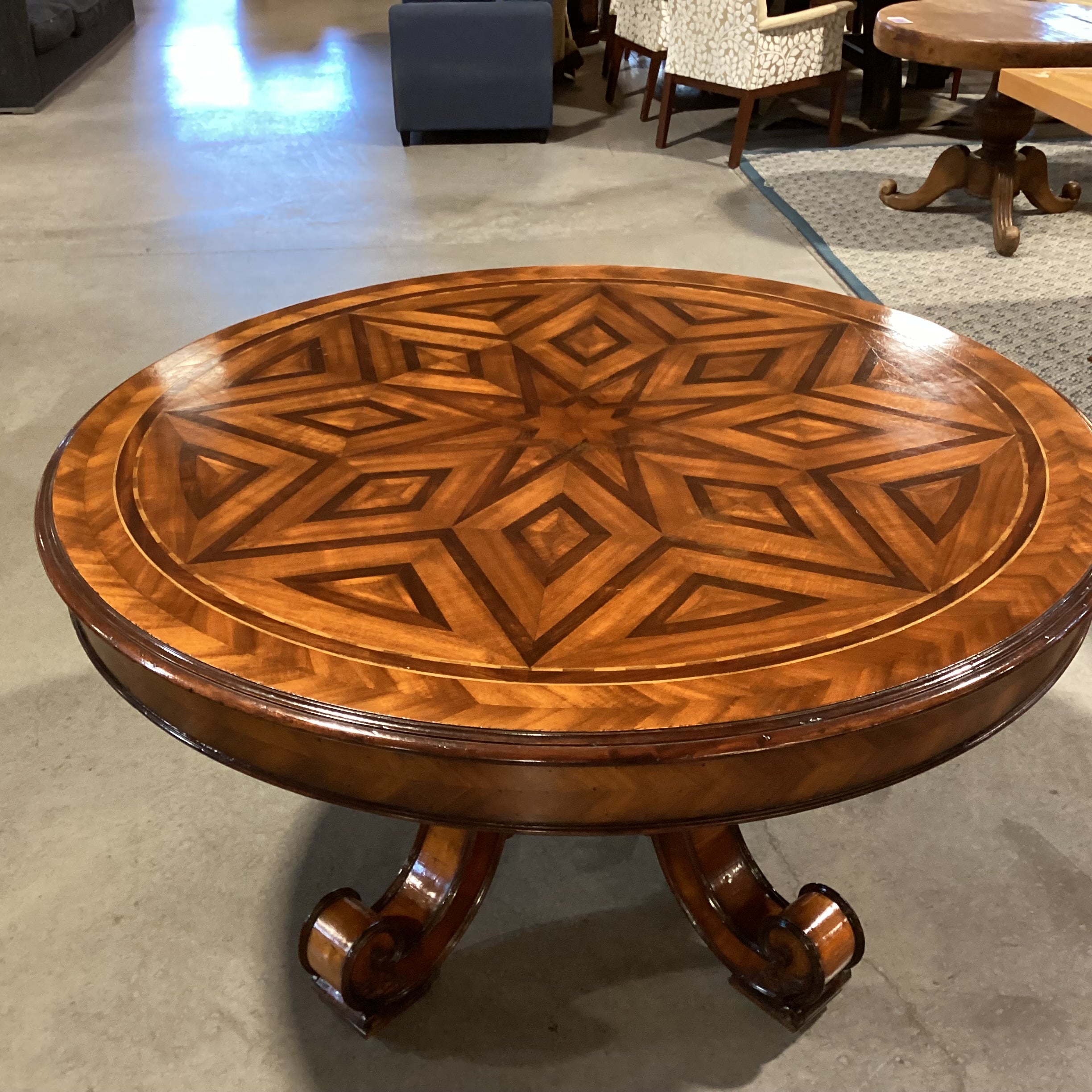 Alfonso Marina Ebanista Ornate Carved & Inlay Wood with Pedestal Round Accent or Dining Table 56" Diameter x 30.5"