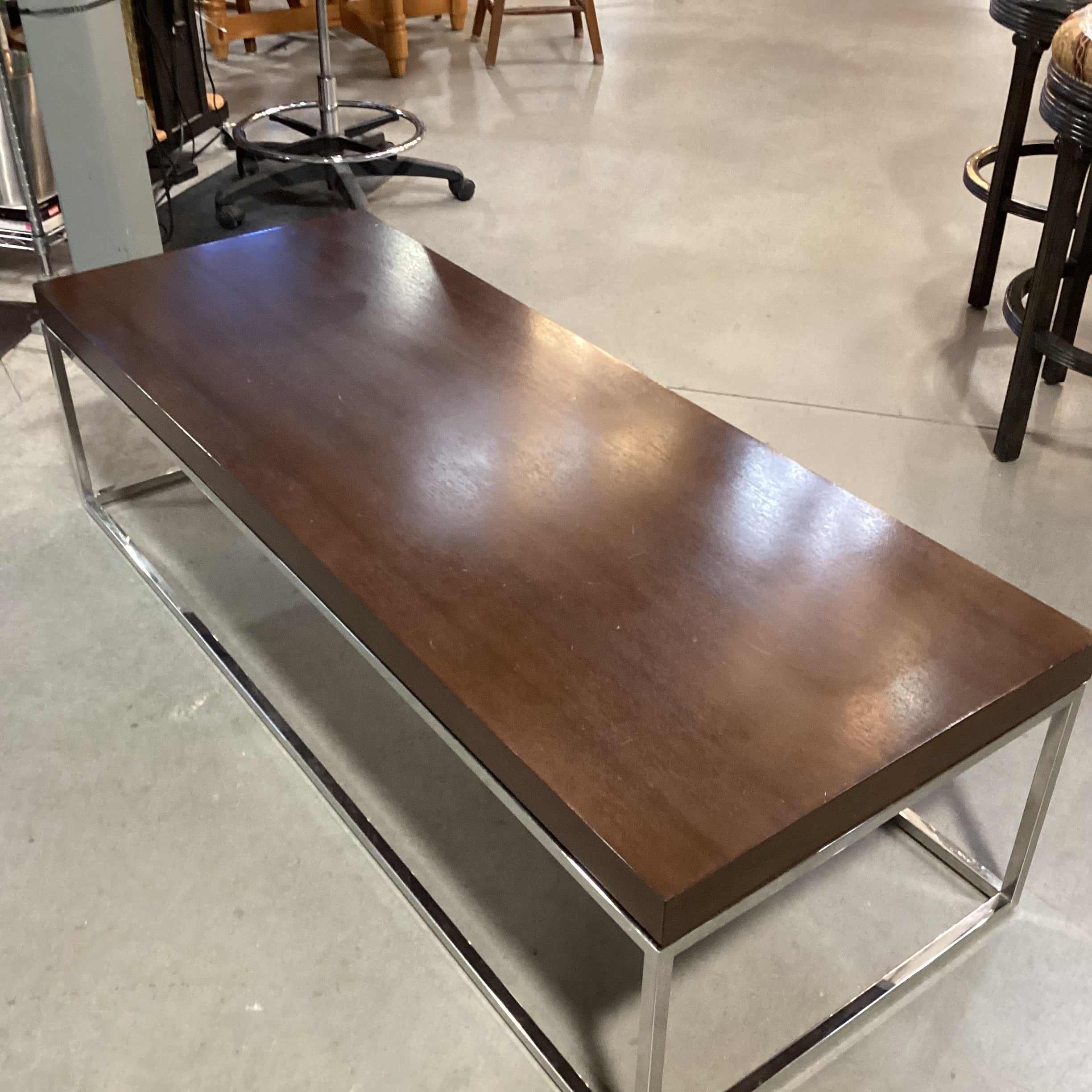 Mitchell Gold & Bob Williams Dark Finish Veneer & Chrome Coffee Table 62"x 24"x 17"