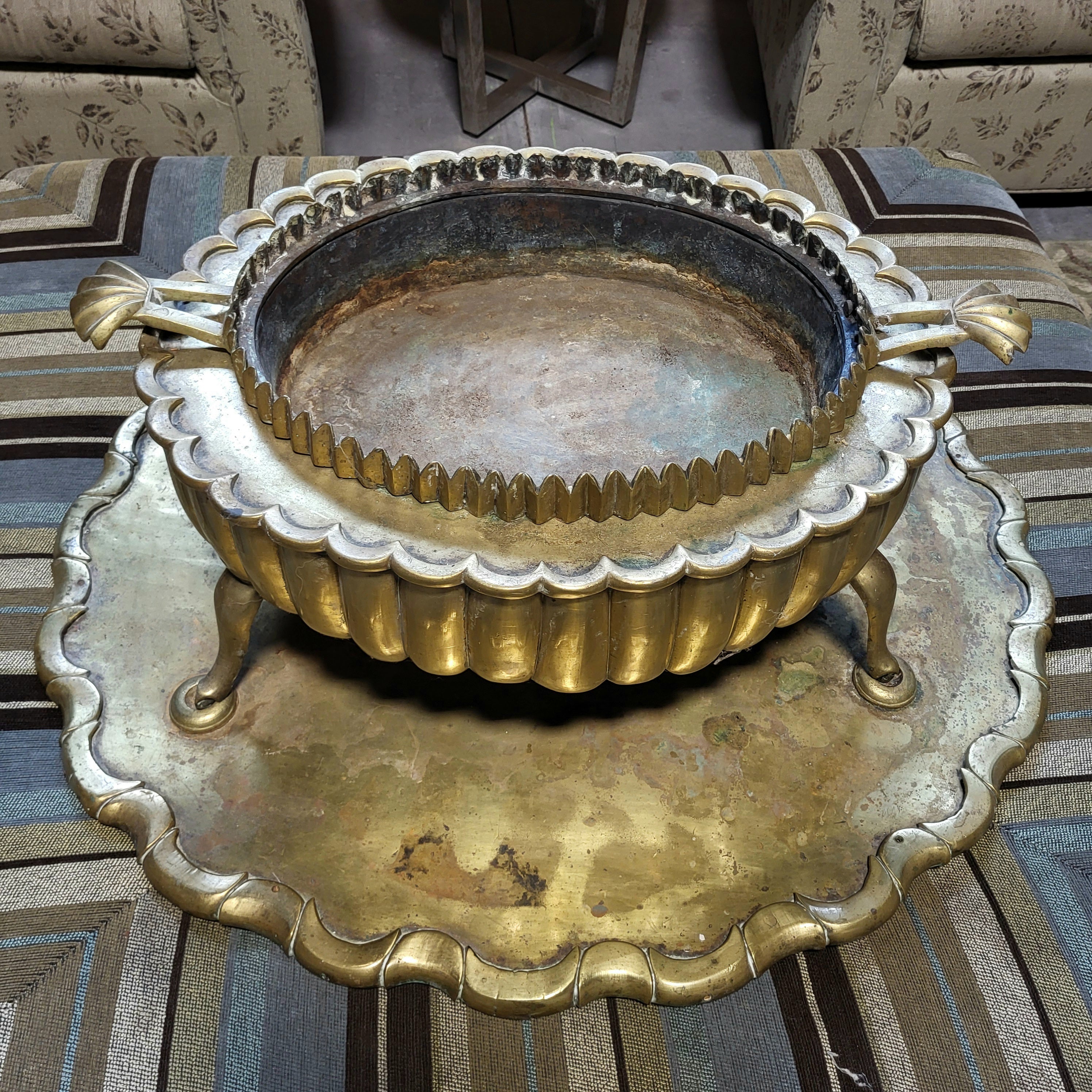 Antique Turkish Brass with Underplate Brazier, 35" x 32" x 23"