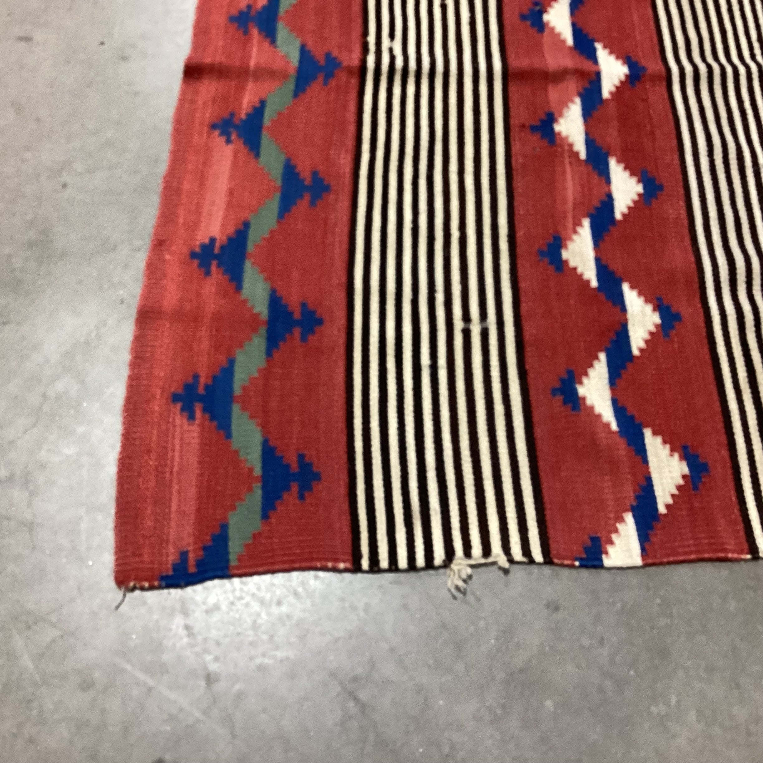 Vintage Red Black Blue Hand Woven Wool Rug 3'7"x 4'7"