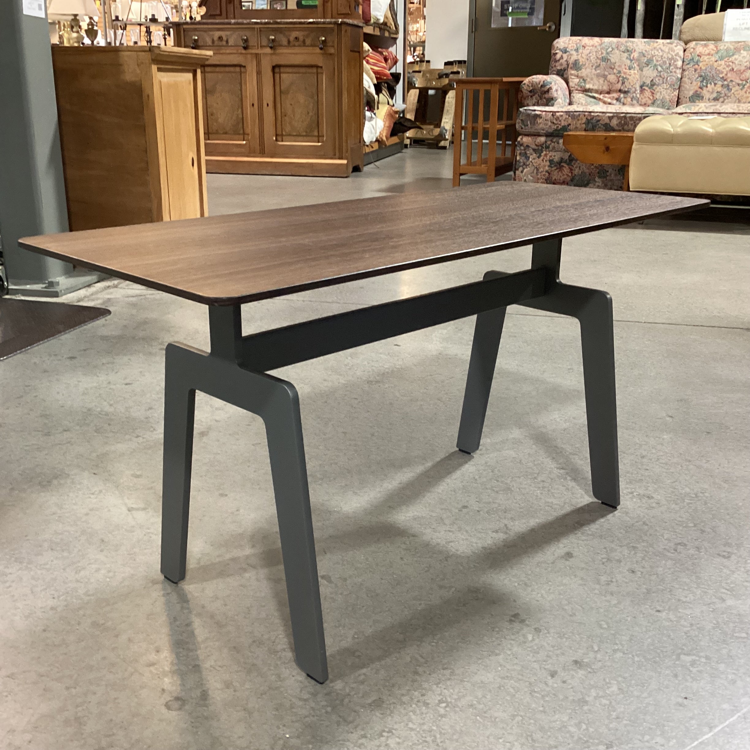 Poliform Italian Modern Walnut Veneer & Grey Steel Trestle Base Coffee Table 34.5"x 14.5"x 18"