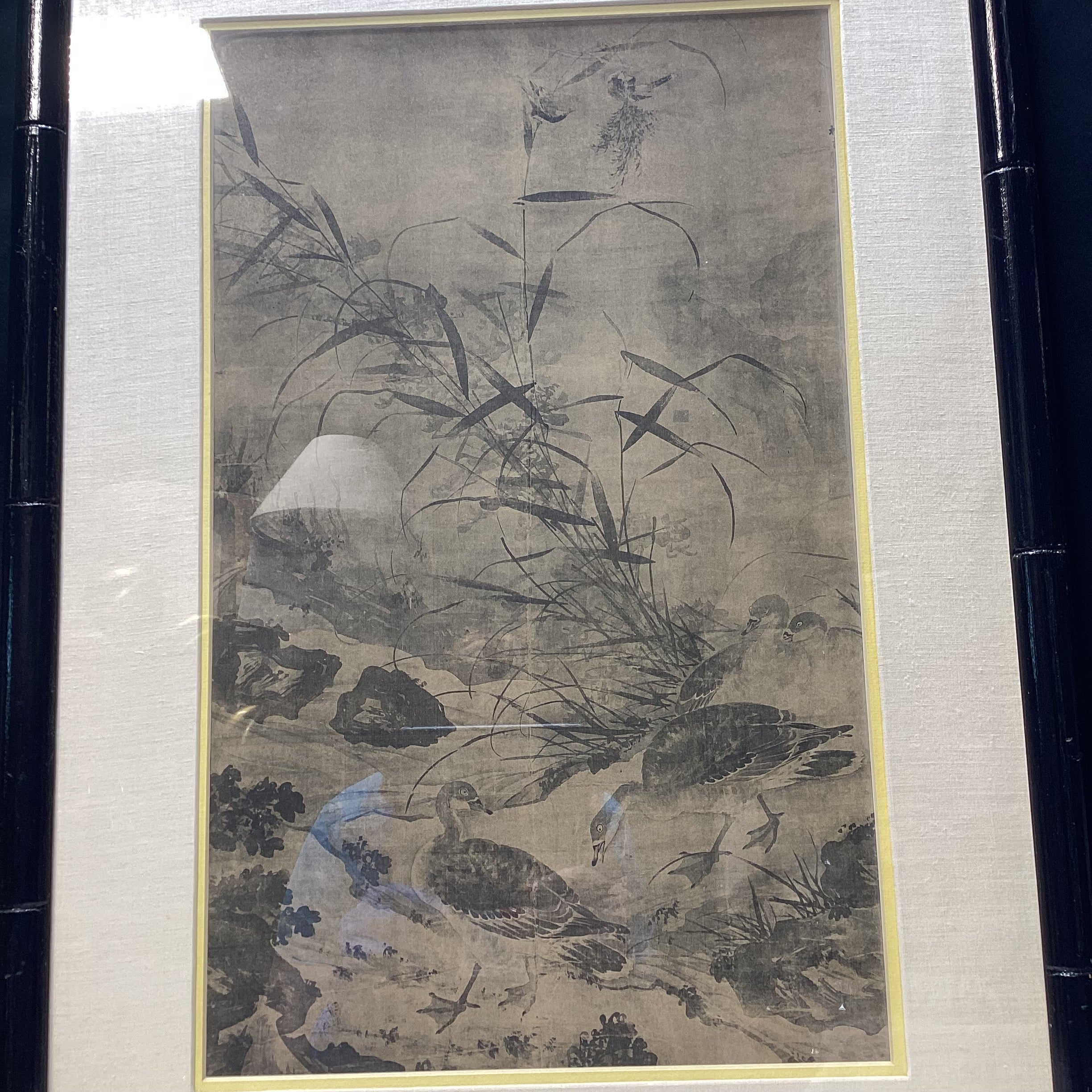Vintage Lin Liang "Wild Geese By A Mountain Stream" Framed Print 18.5" x 26"