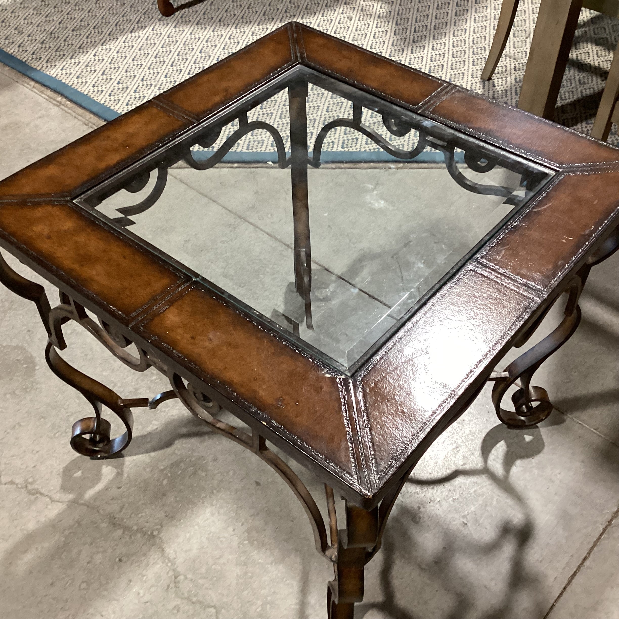 Ornate Iron & Leather Inset Glass Top Accent Table 30"x 30"x 27"