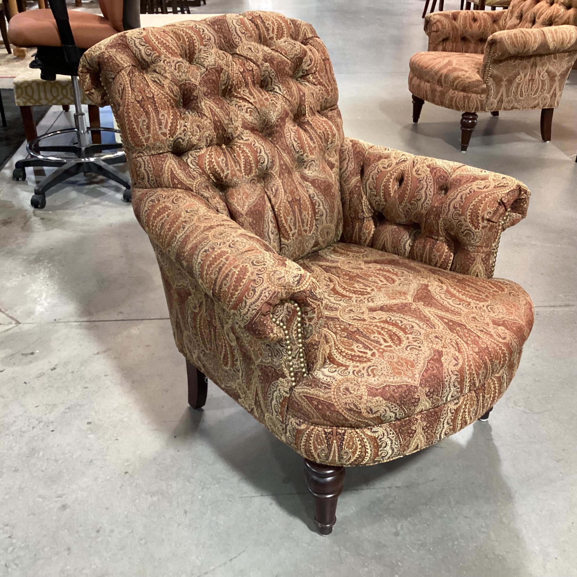 Custom Gold Rust Tan Ornate Paisley Tufted Nailhead with Carved Feet Chair 34"x 38"x 38"