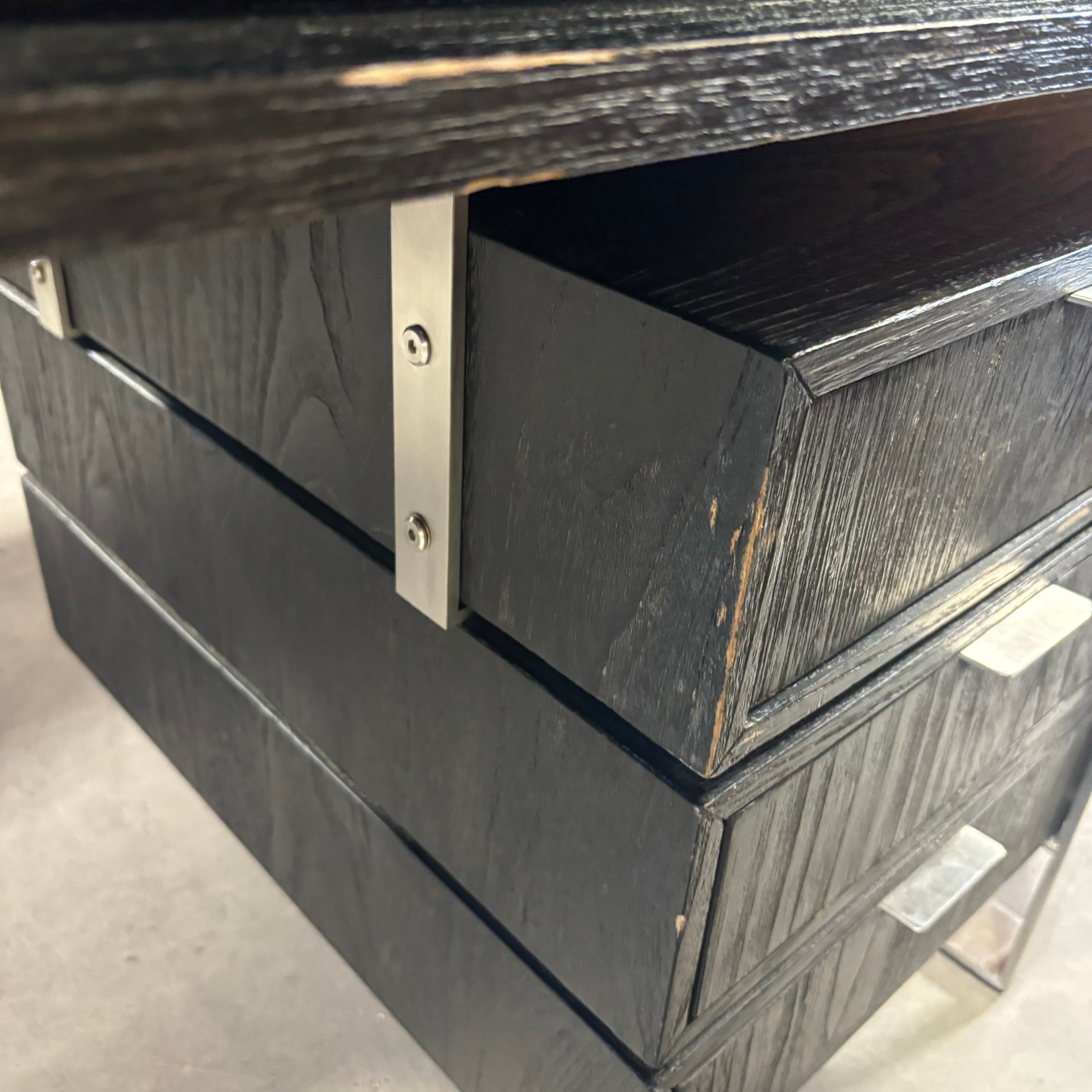 Brownstone Distressed Dark Wood with Steel Base & Glass Top 4 Drawer Desk 65"x 24"x 31"