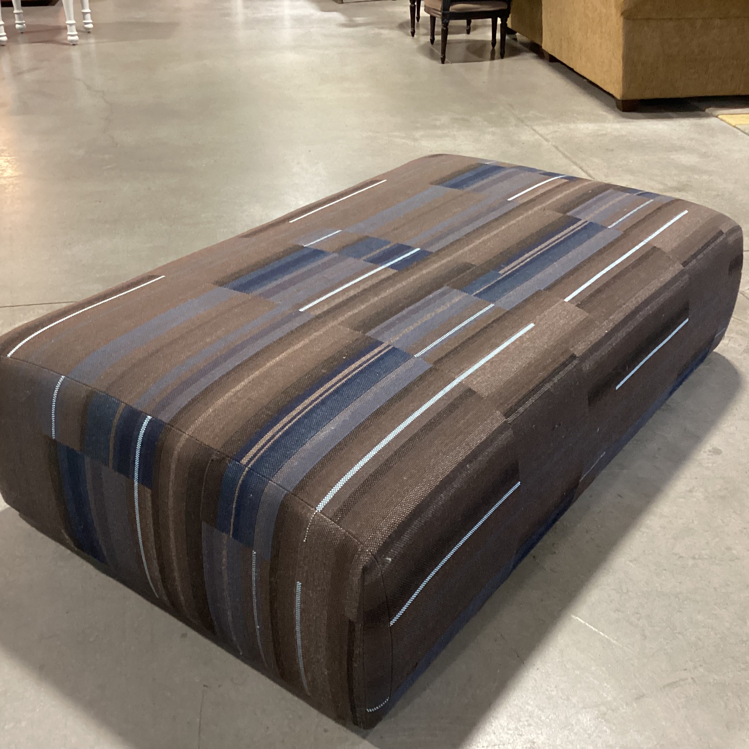 Custom Brown Taupe & Blues Woven Modern Cocktail Ottoman 61"x 37"x 17"