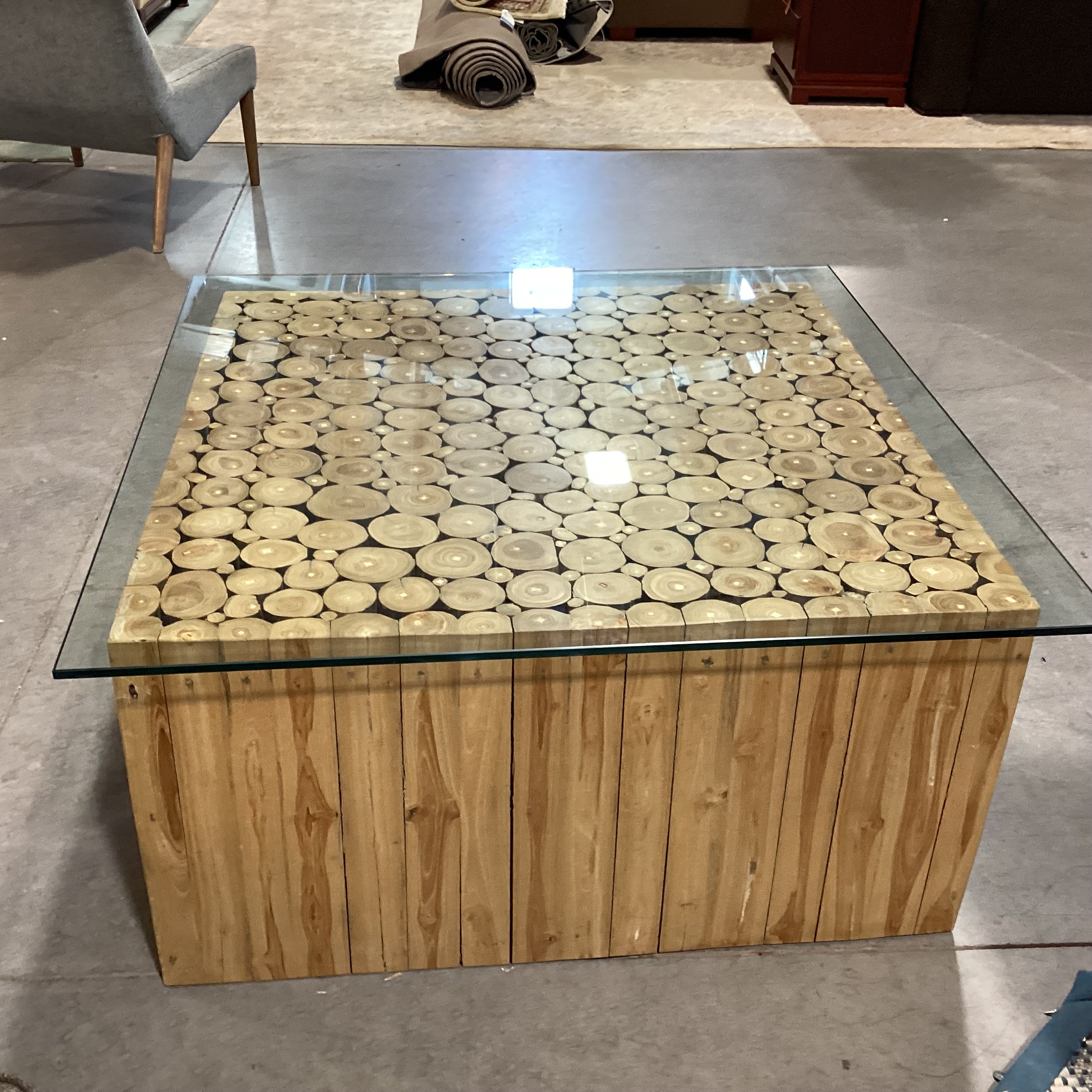 Modern Rustic Square Cut Branch Log And Glass Coffee Table 43.5"x 43.5"x 20.5"