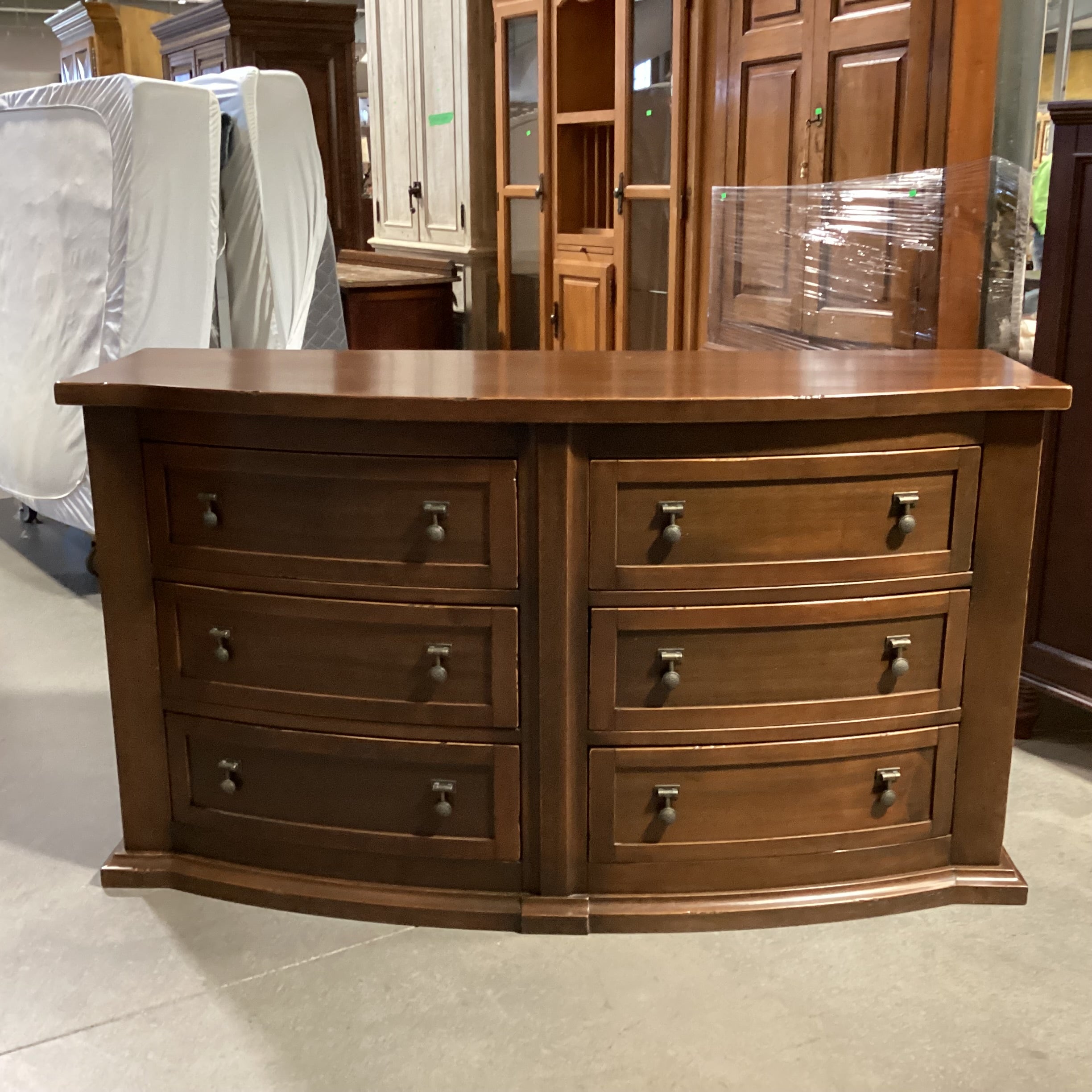 Dark Distressed Finish Solid Carved Wood 6 Drawer Curved Front Dresser 66"x 23.5"x 37"