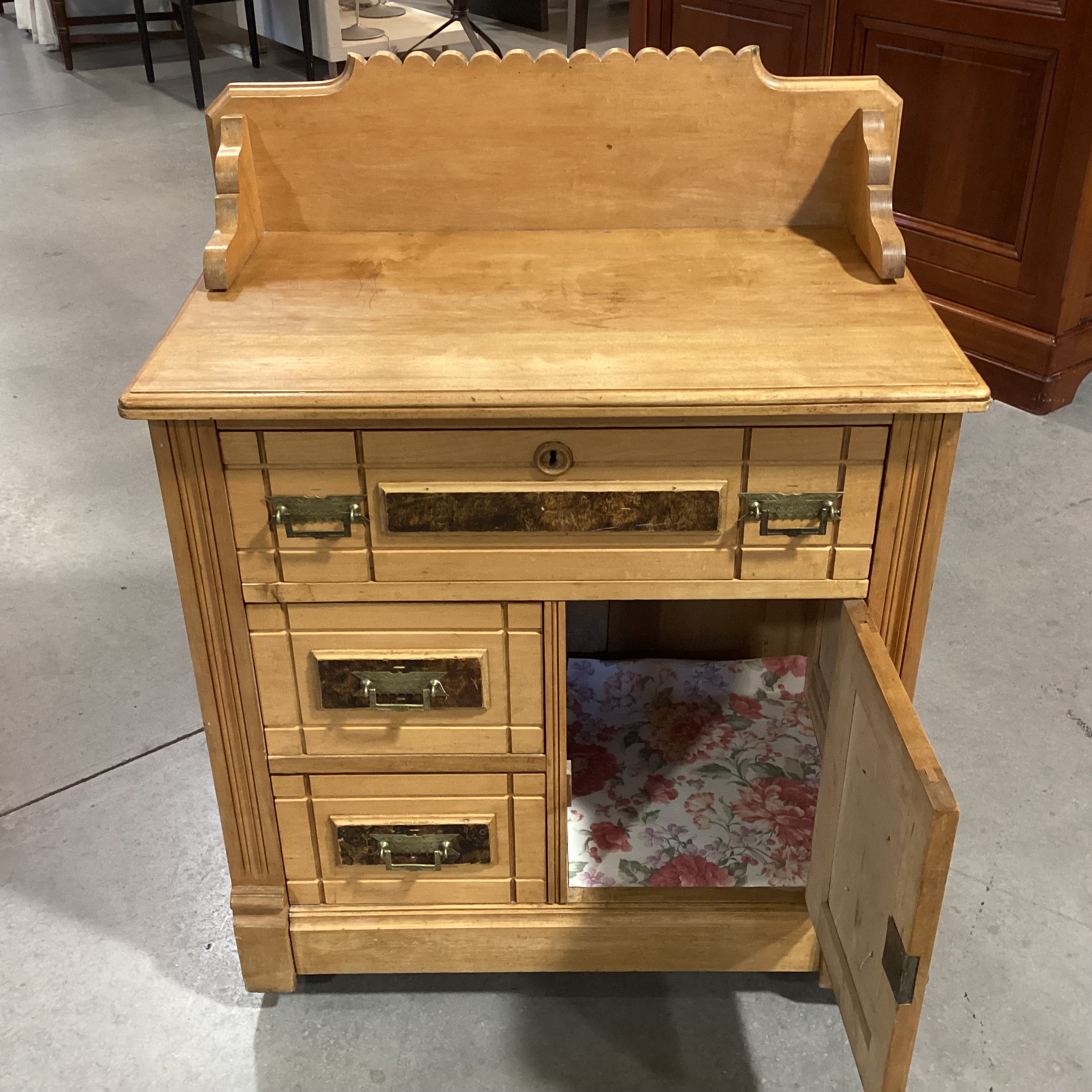 Antique Light Finish Carved Wood Burl Veneer Detail Dry Sink Chest 27.5"x 17"x 36"