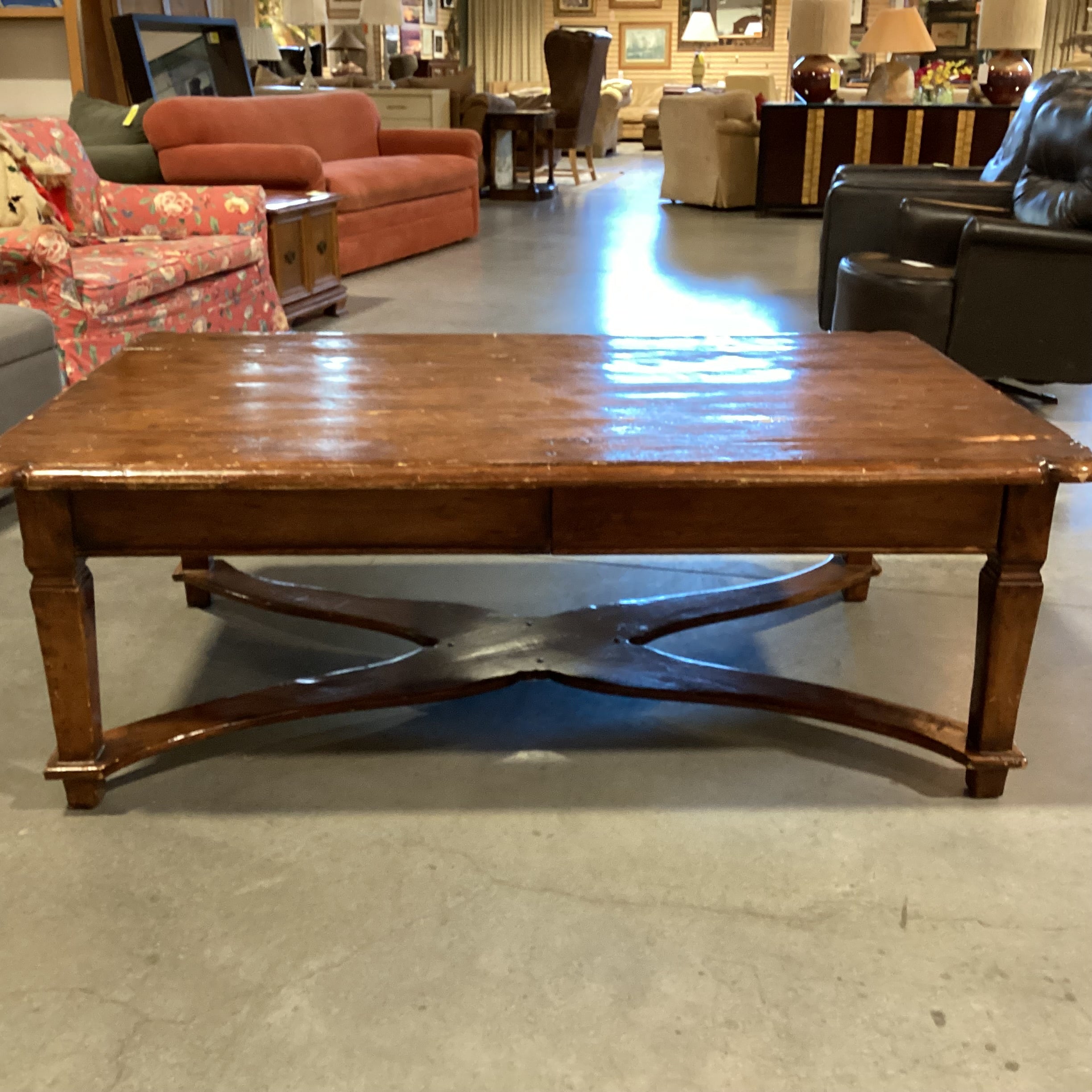 Distressed Finish Ornate Carved Edge & Trestle 2 Drawer Coffee Table 60"x 38"x 22"