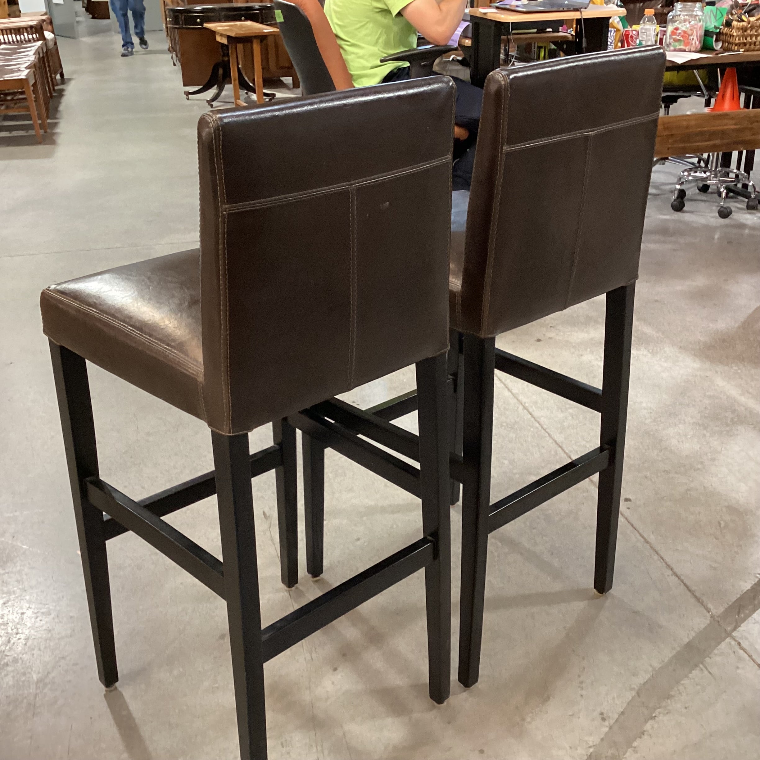 SET of 2 Crate & Barrel Leather & Black Wood Barstools 31"