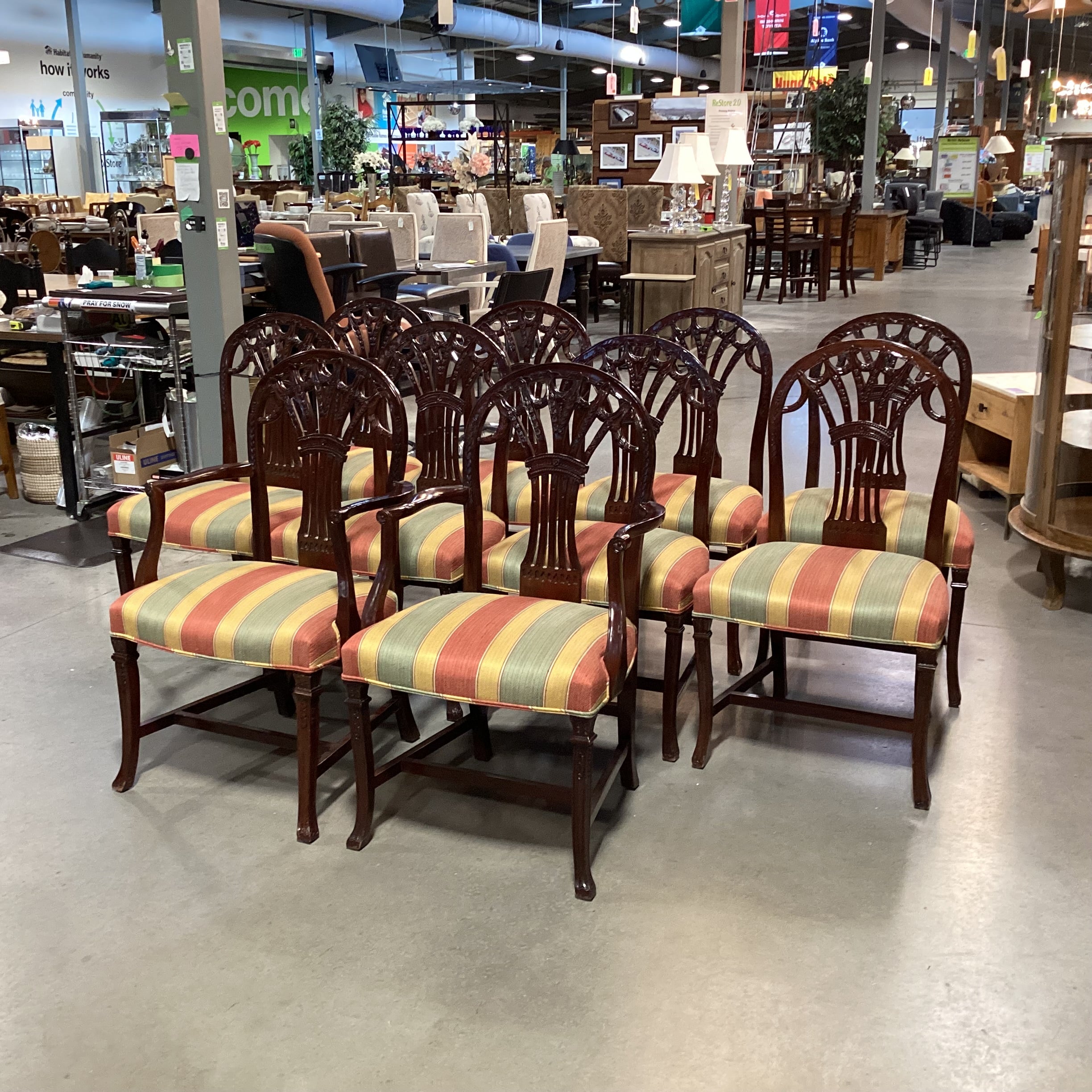 SET of 10 Ornate Carved Finished Wood & Gold Burnt Orange Sage Woven Stripe Dining Chairs 22"x 22"x 39"
