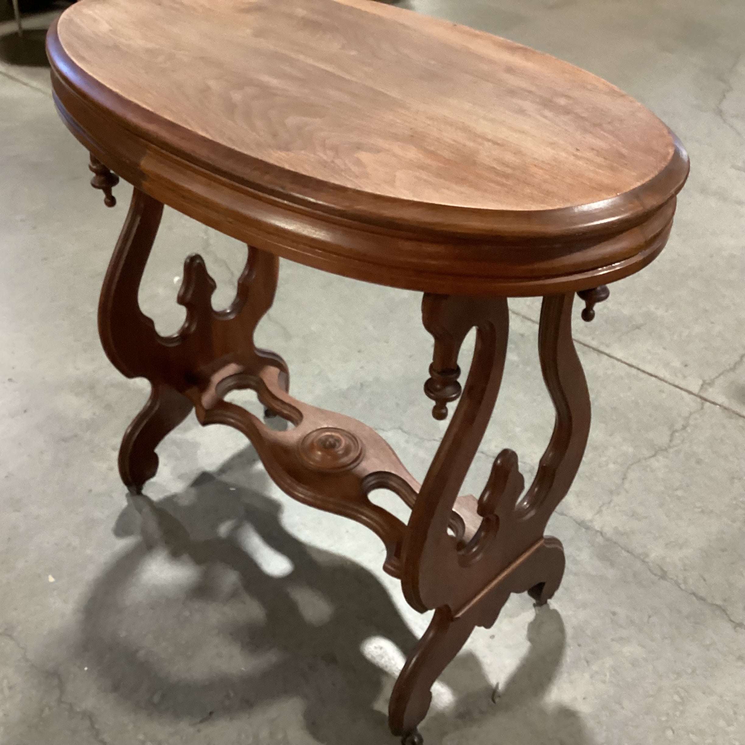 Antique Ornate Carved Sides & Trestle on Casters Oval Accent Table 33"x 19"x 30"
