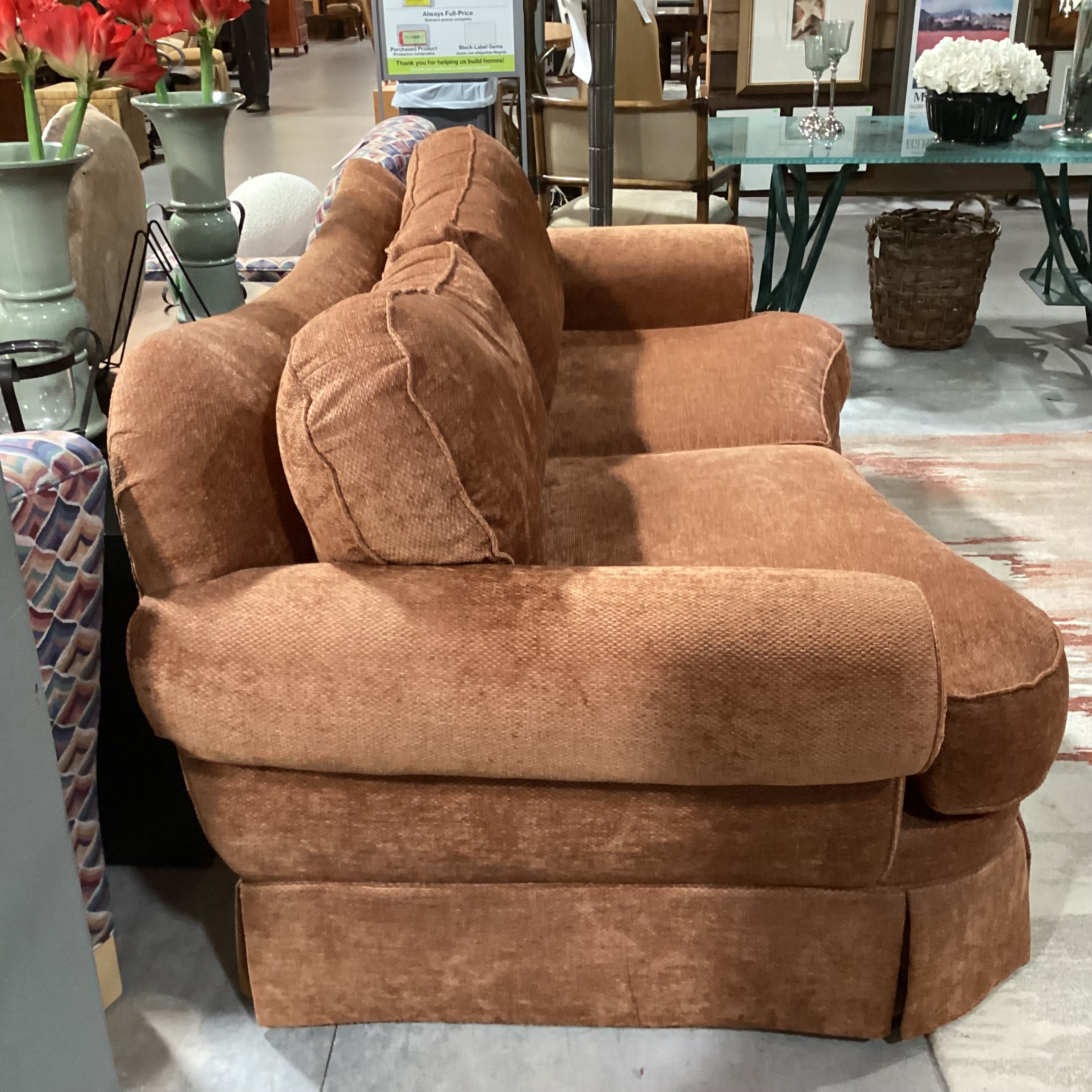 Ethan Allen Burnt Orange Chenille Woven with Roll Arm Curved Sofa 90"x 45"x 35"