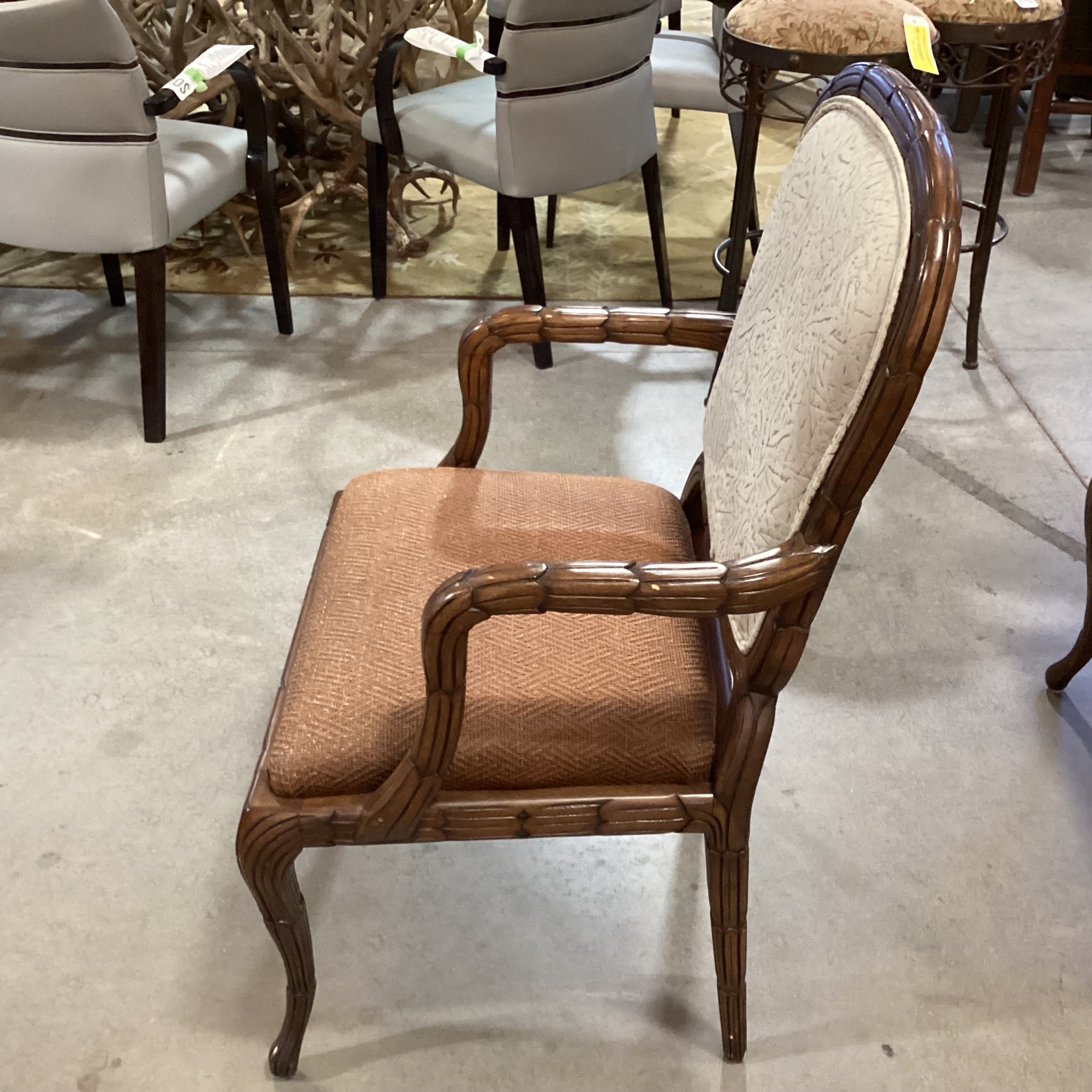 SET of 8 Ornate Carved Wood with Leather  Woven Seat & Suede Back Dining Chairs 24"x 22"x 40"