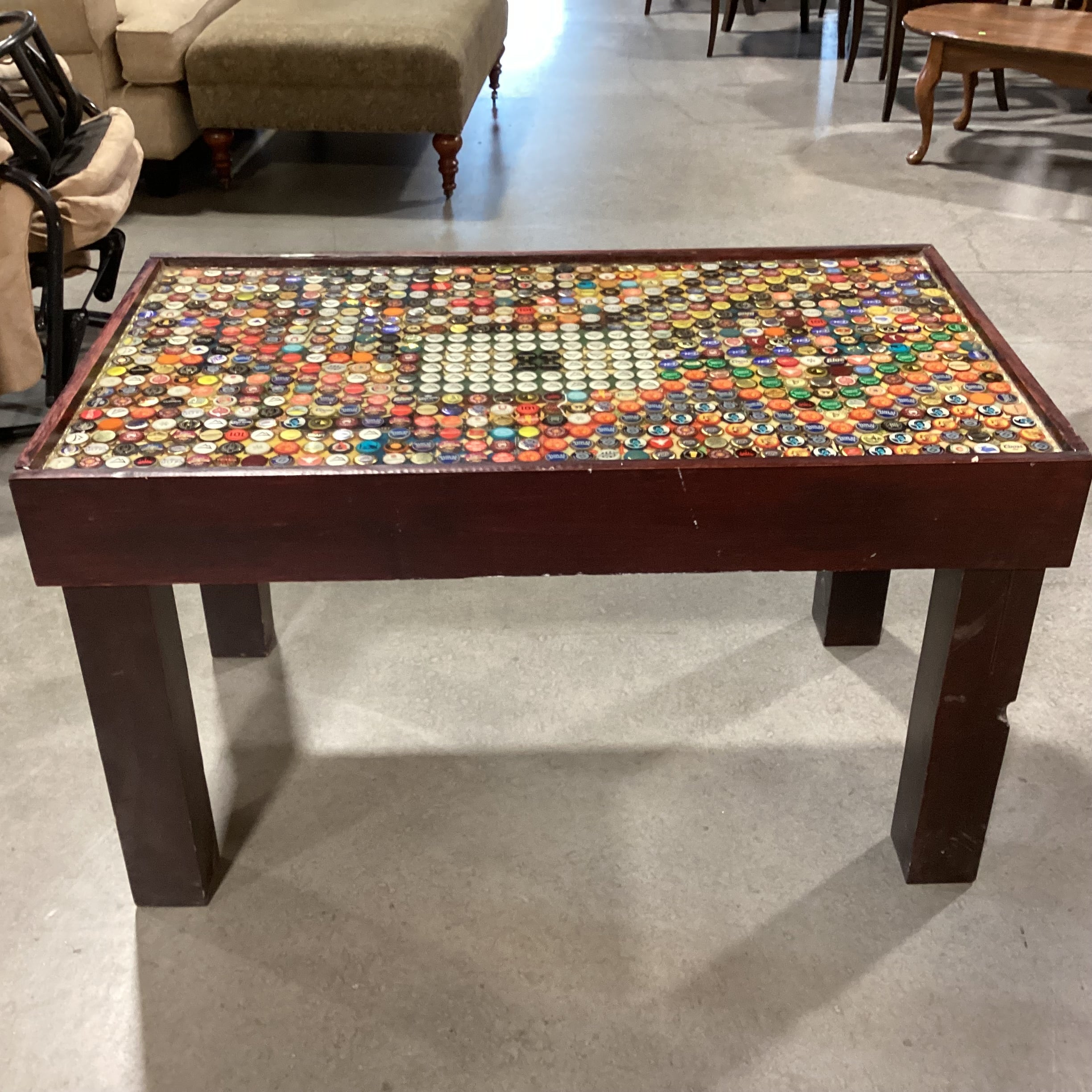 Handmade Wood & Bottle Top Design Accent Table 44.5"x 25.5"