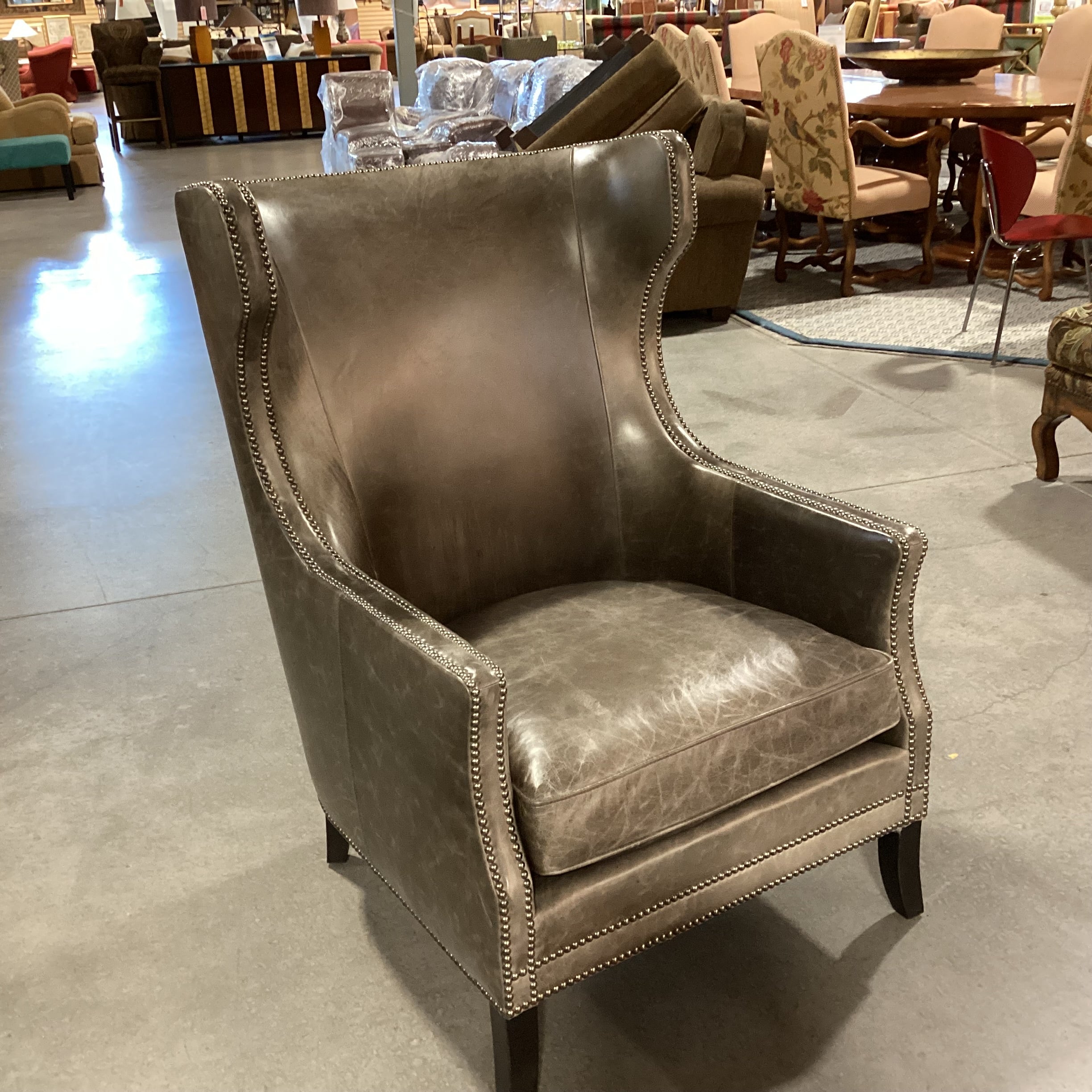 Bernhardt Interiors Olive Grey Distressed Leather Nailhead High Back Wing Chair 31"x 36"x 45"