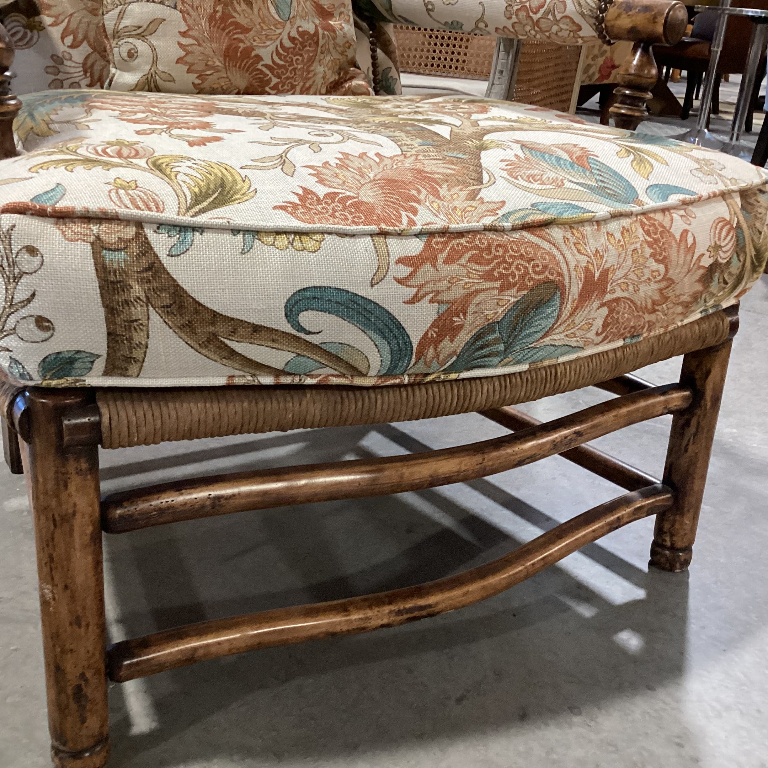 Carved Wood Rush Seat & Floral Belgian Linen Nailhead Chair 32"x 32"x 40"