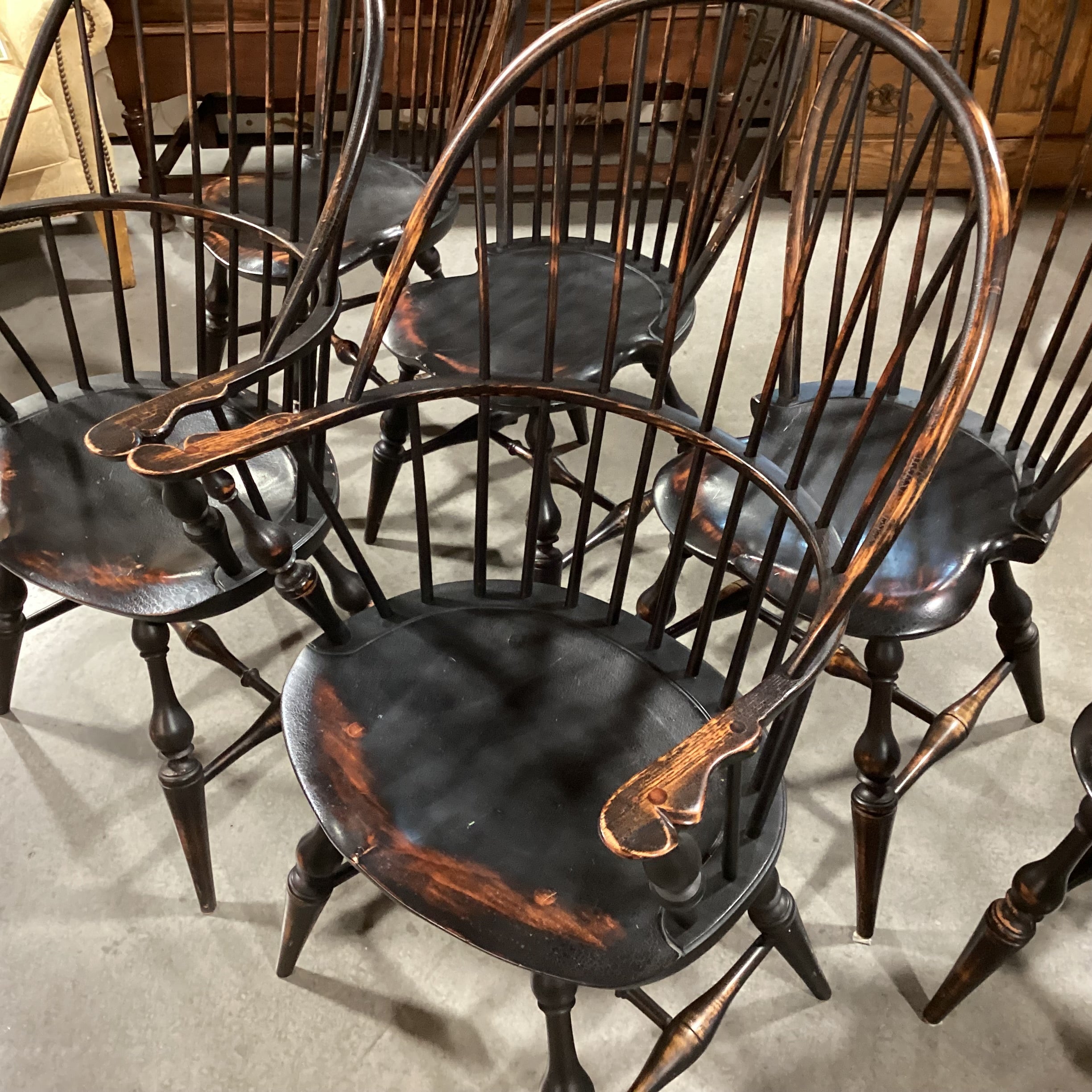 SET of 6 D. R. Dimes Vintage Black Antiqued Crackle Finish Windsor Style Dining Chairs 26"x 22"x 42"