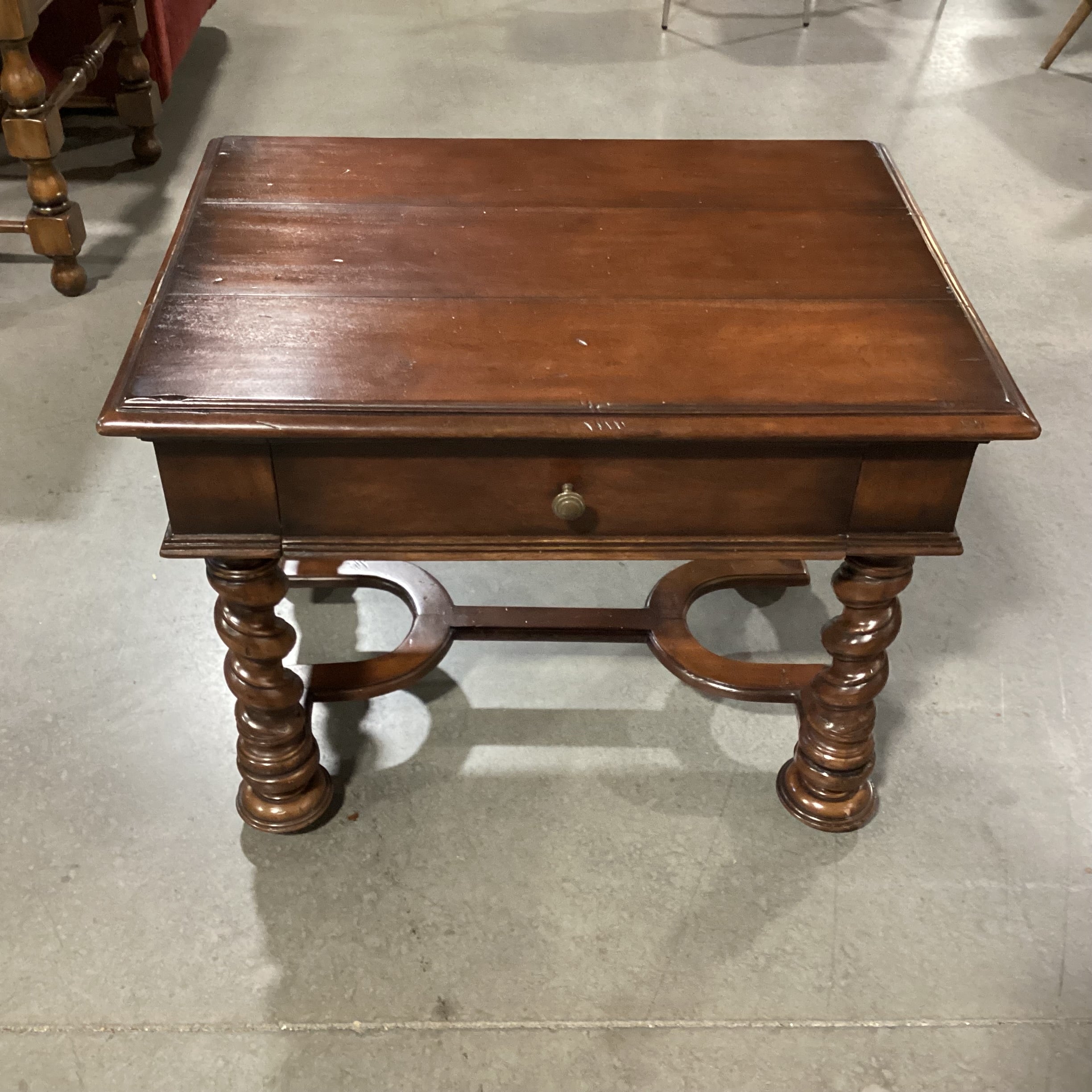 Ornate Carved Finished Solid Wood 1 Drawer Side Pullouts Trestle Base End Table 32"x 24"x 25"