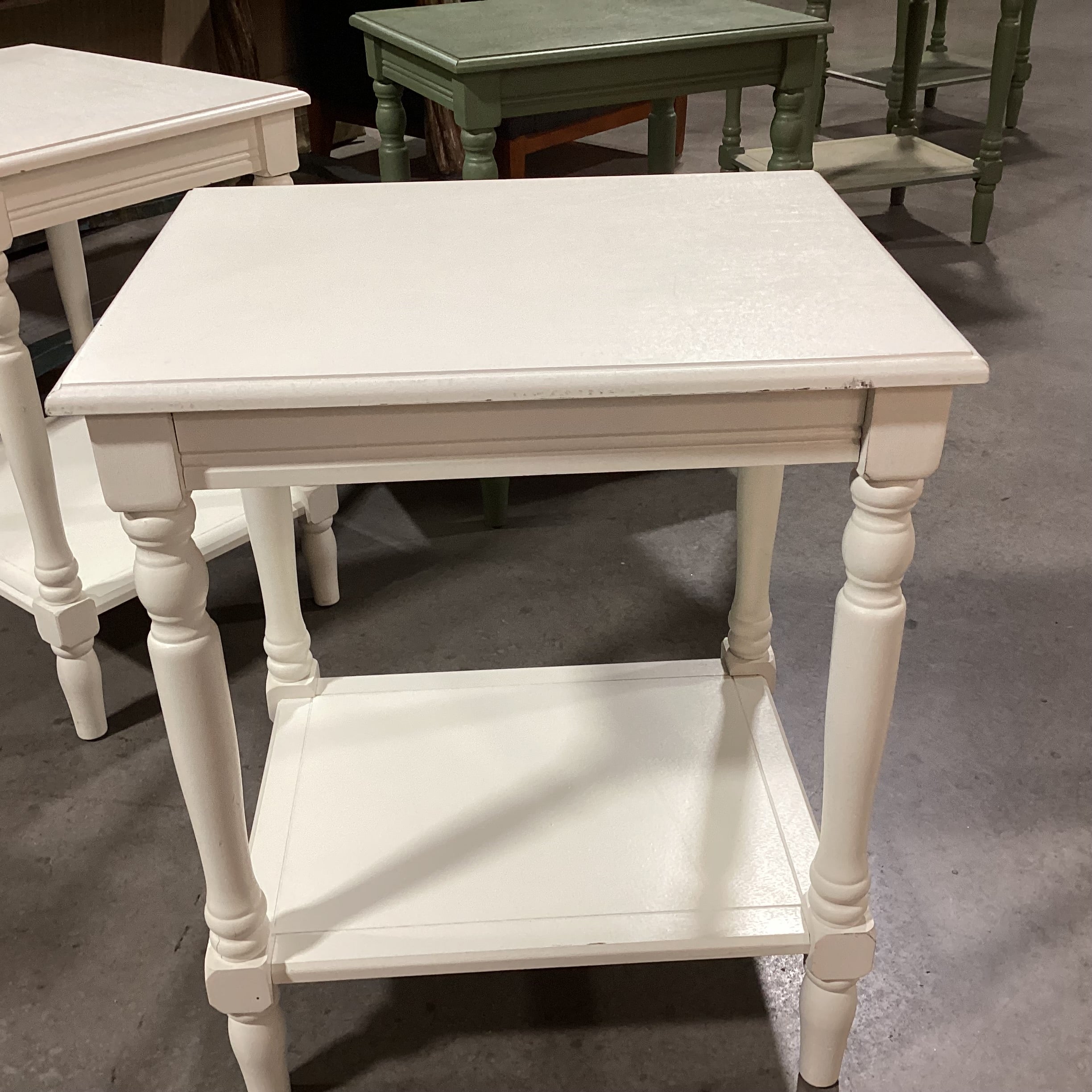 Ivory Painted Carved Wood 2 Tiered End Table 20"x 16"x 24.5"