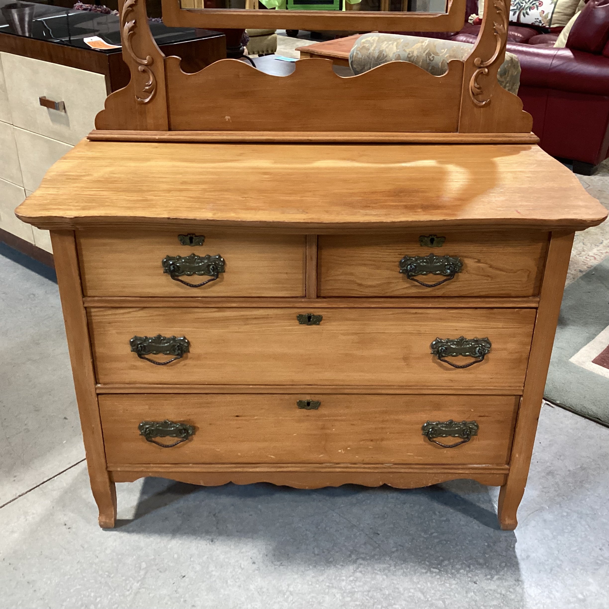 Antique Carved Wood 4 Drawer with Mirror Light Wood Finish Chest 43"x 21"x 67"