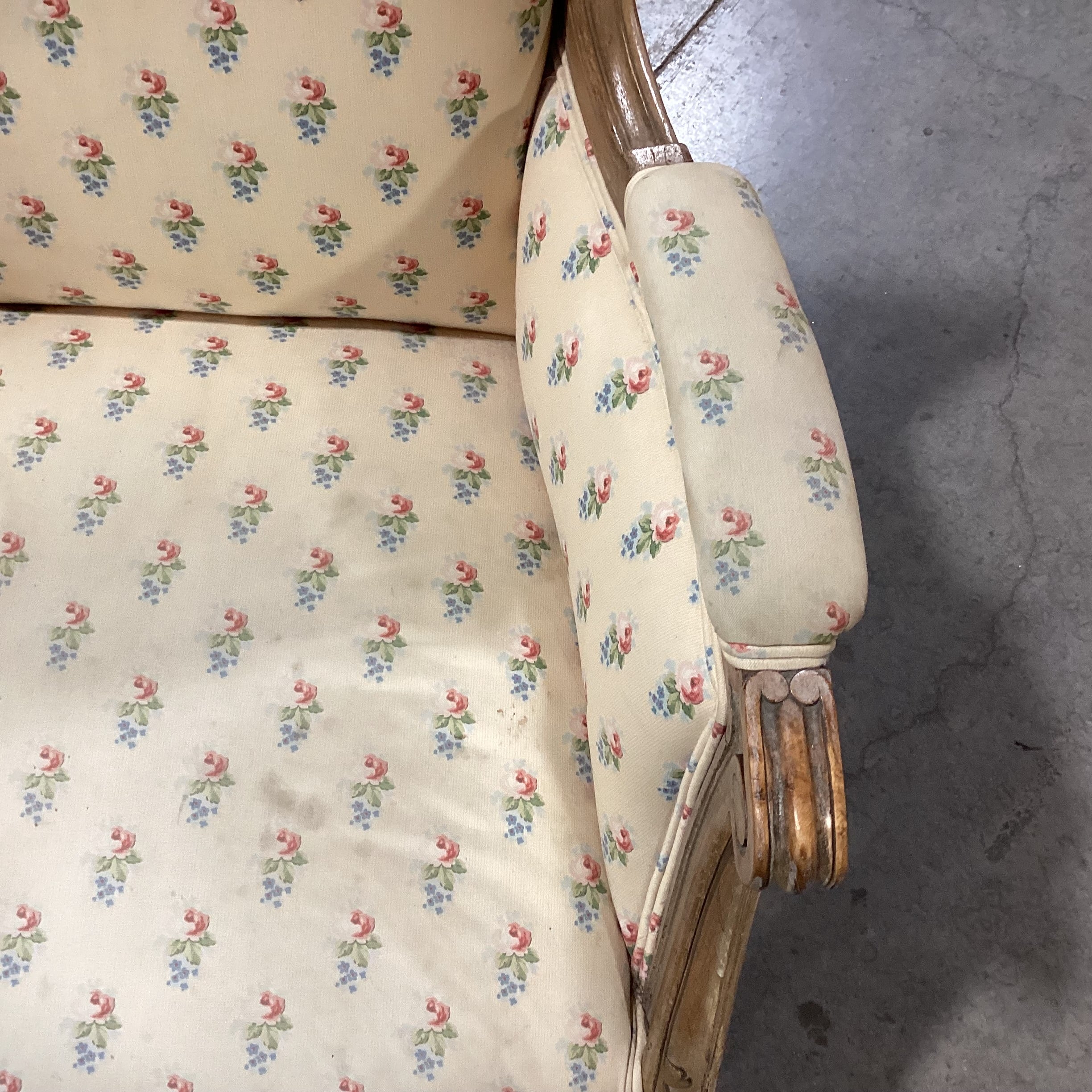 French Provincial Style Carved Wood with Yellow Floral Chair 29"x 26"x 35'