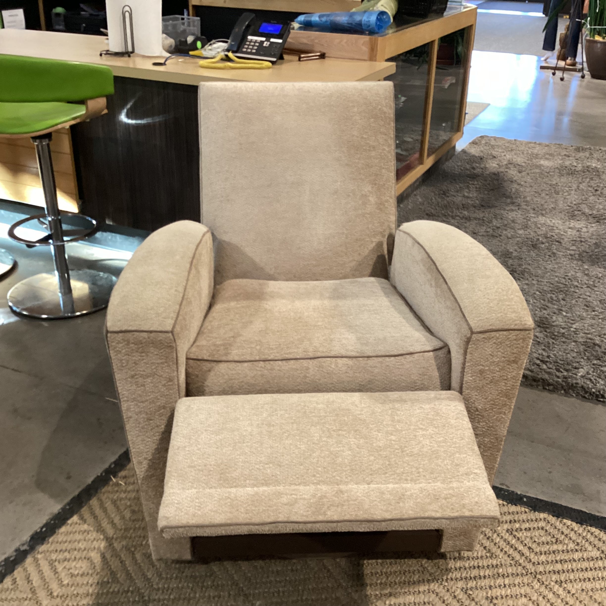 Beige Texture Woven Chenille with Taupe Piping Swivel Recliner Chair 35"x 40" to 66"x 41"